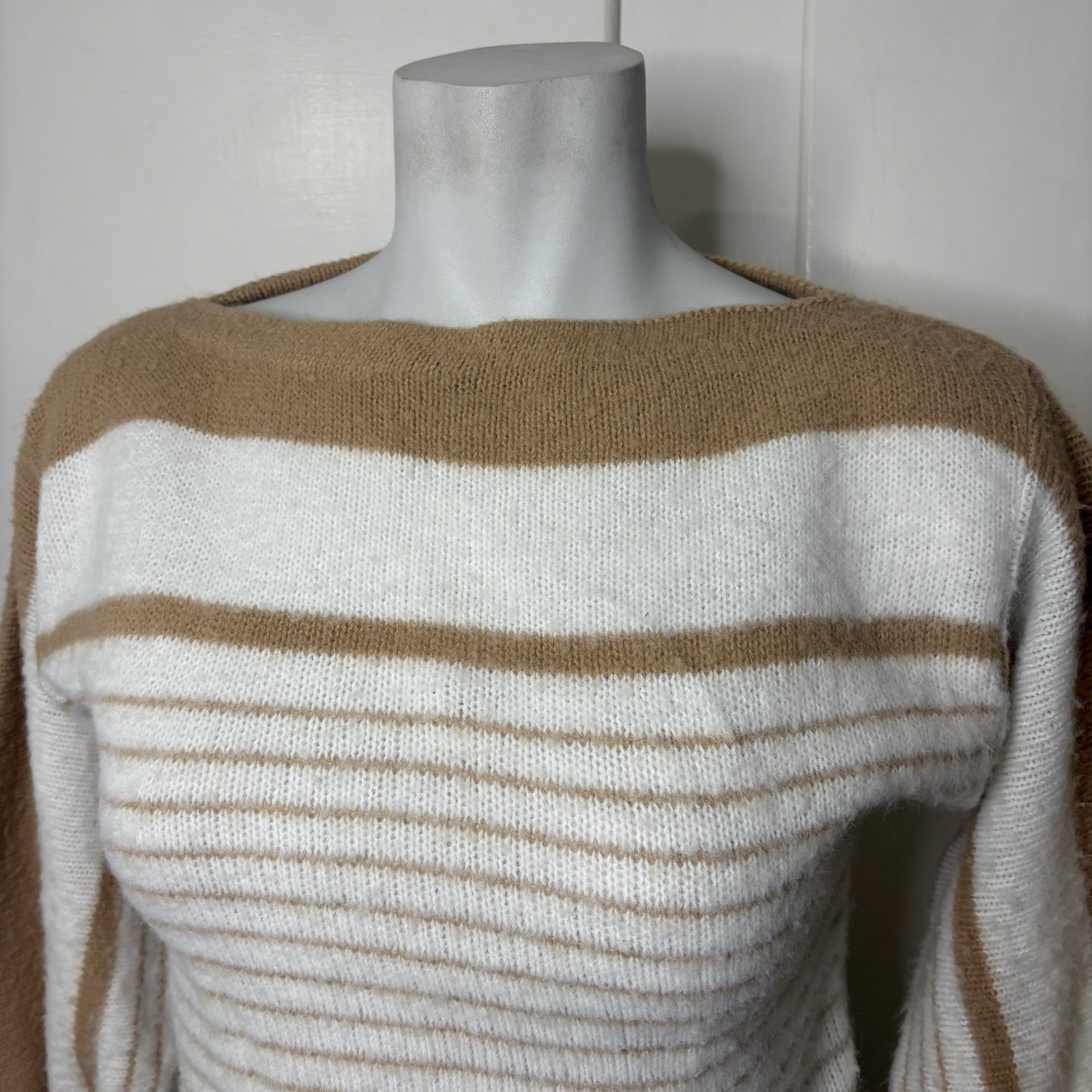 Vintage 80s Spunky Tan White Striped Colorblock Boatneck Sweater