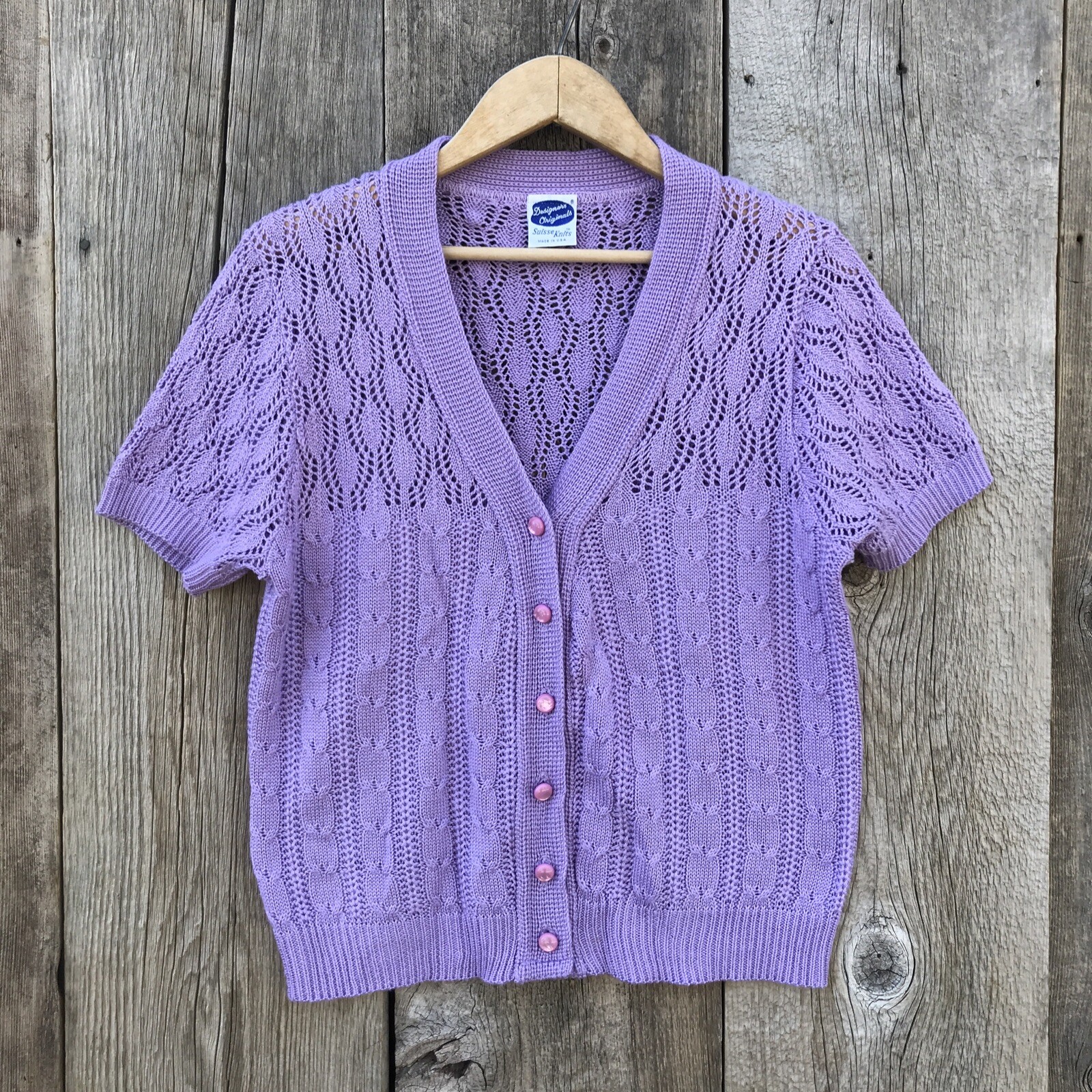 Vintage Springtime Lilac Purple Knit Short Sleeve Cardigan Sweater, Medium