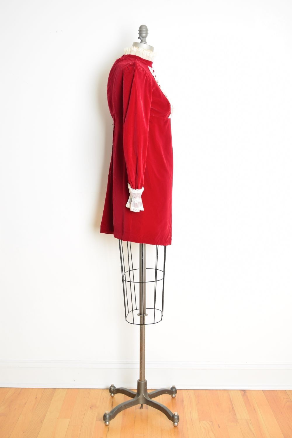 vintage 60s tuxedo dress red velvet puff ruffle babydoll mod twiggy mini XS
