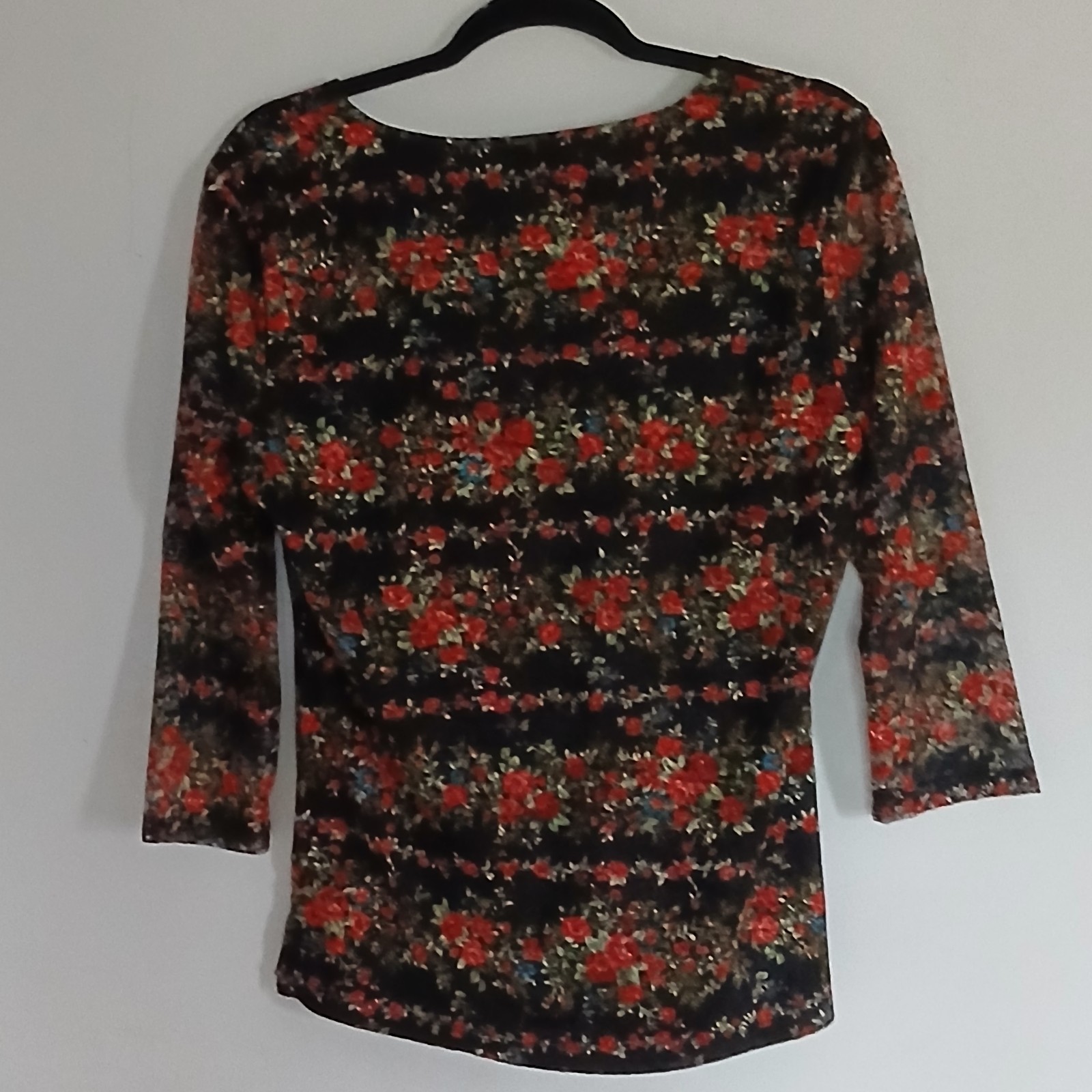 Vtg Y2K Dark Romantic Floral Top Sz M Black/Red 3/4 Sheer Sleeves Gothic