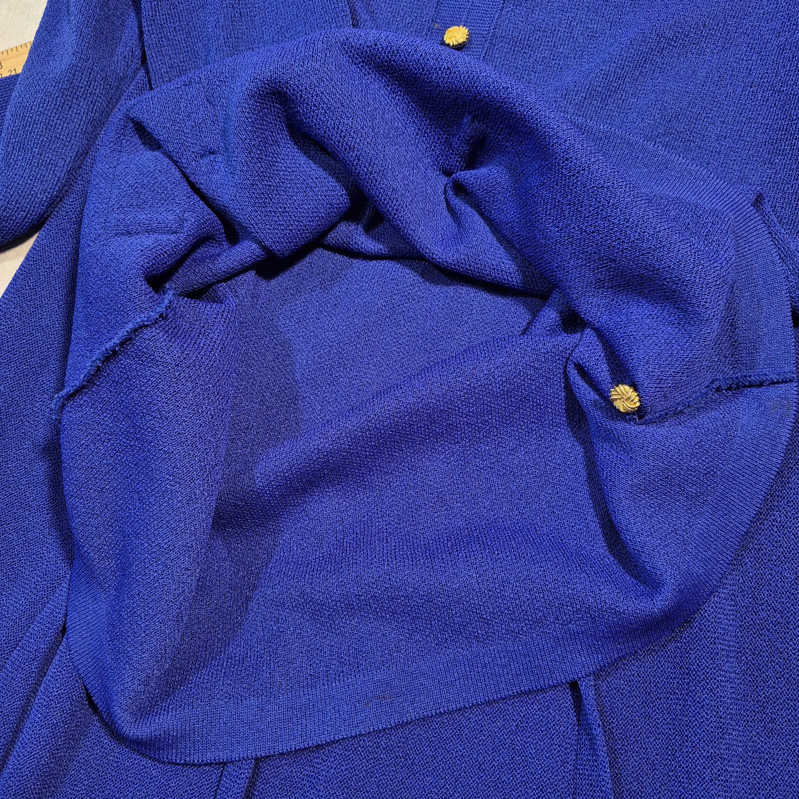 Vtg Castleberry Knit Skirt Suit Set Womens 14 Royal Blue Gold Button 80s MINT