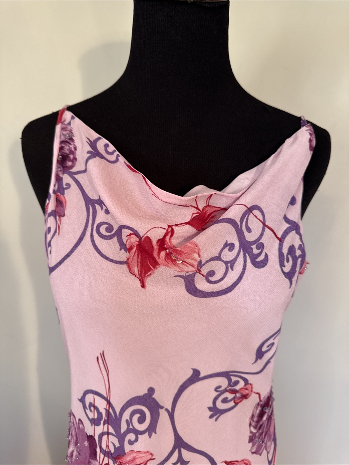 Vintage Y2K Floral Slip Dress Bias Cut Cowl Neckline Beading Best Fit M