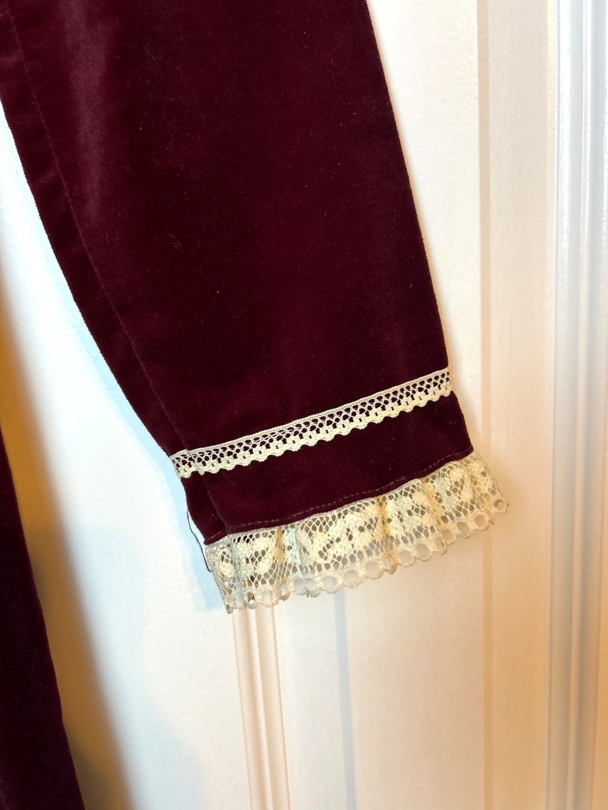 Vintage Burgundy Velvet Prairie Dress Lace Trim & Bow Detail Long Sleeve Ruffle