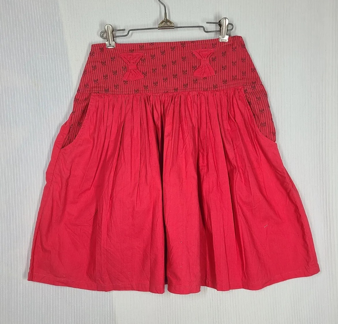 Vtg 80s Red Bow Skirt 100% Cotton Happy Legs Yoke Full Skirt Retro India