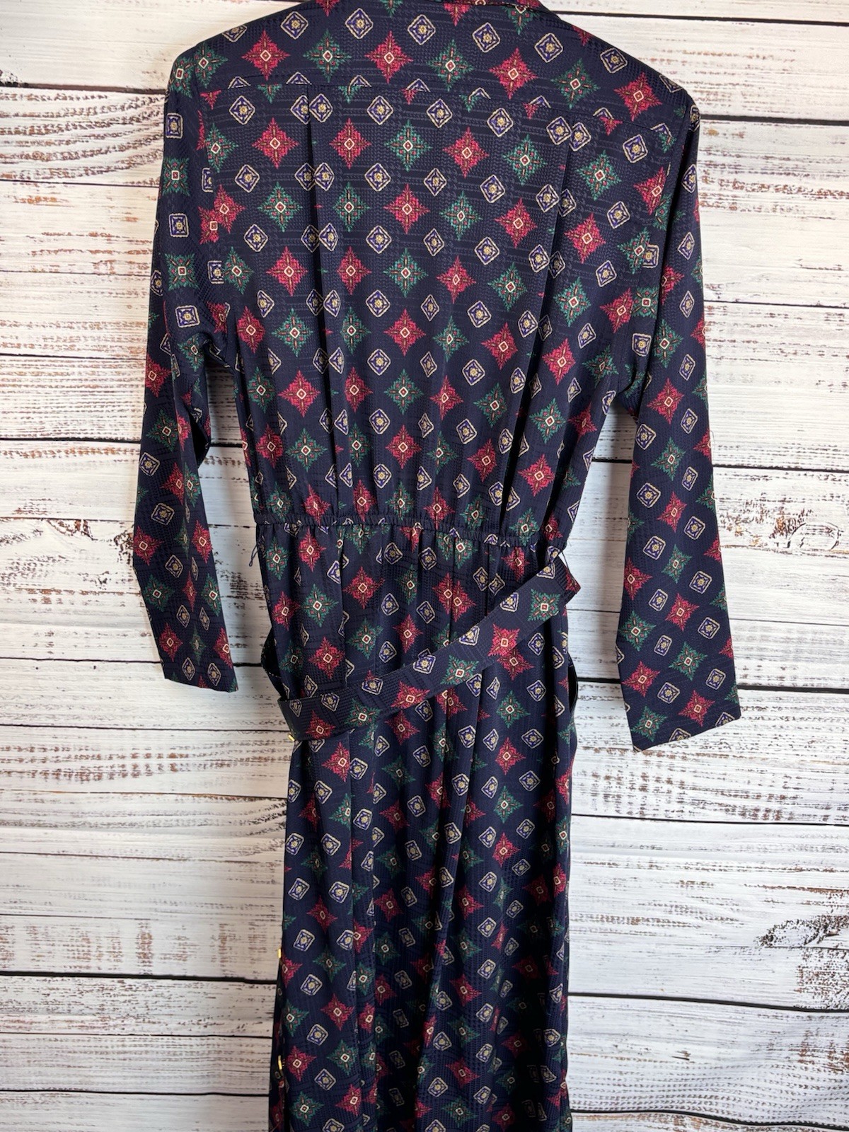 Vintage Leslie Fay Dress 8 Navy Belted Geometric Faux Wrap Stunning! Pinup Retro