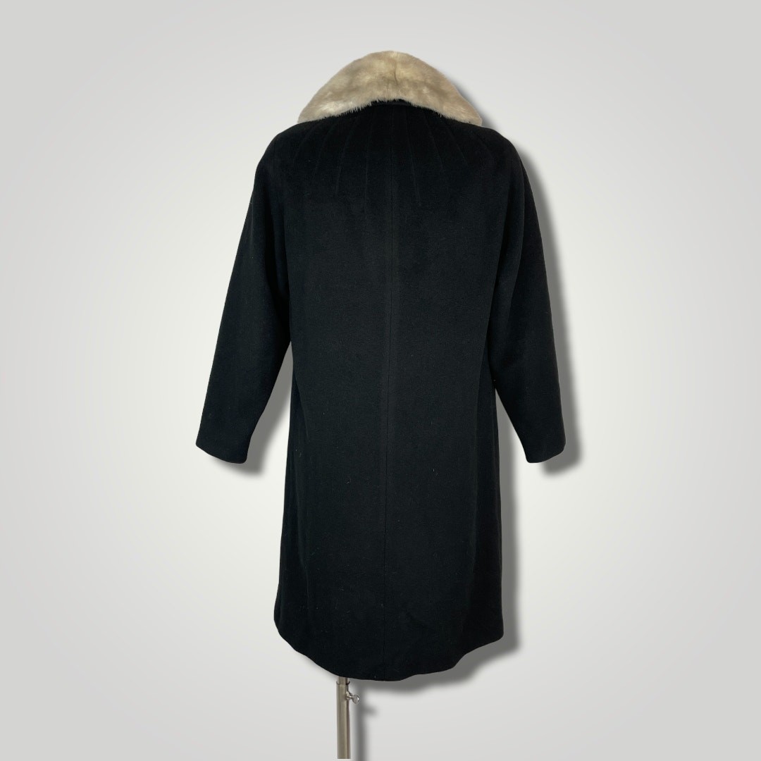 Vintage 1950s Black Cashmere Wool Coat Silver Gray Mink Fur Collar Rare Small/Me
