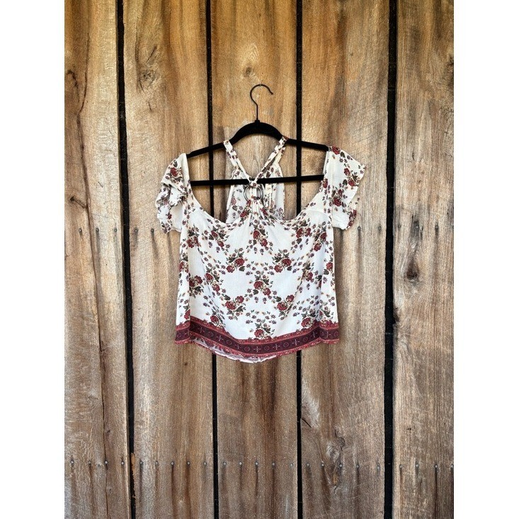 Chloe & Katie Floral Crop Top XS Boho Cottagecore Tie Front Cold Shoulder Rayon