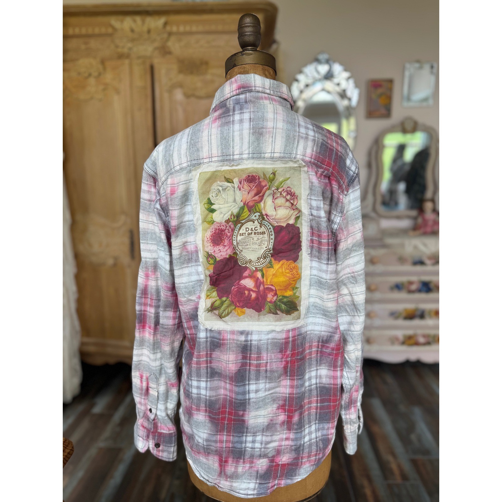 Upcycled Floral Flannel Shirt Small | Cottagecore Rose Patch Soft Plaid