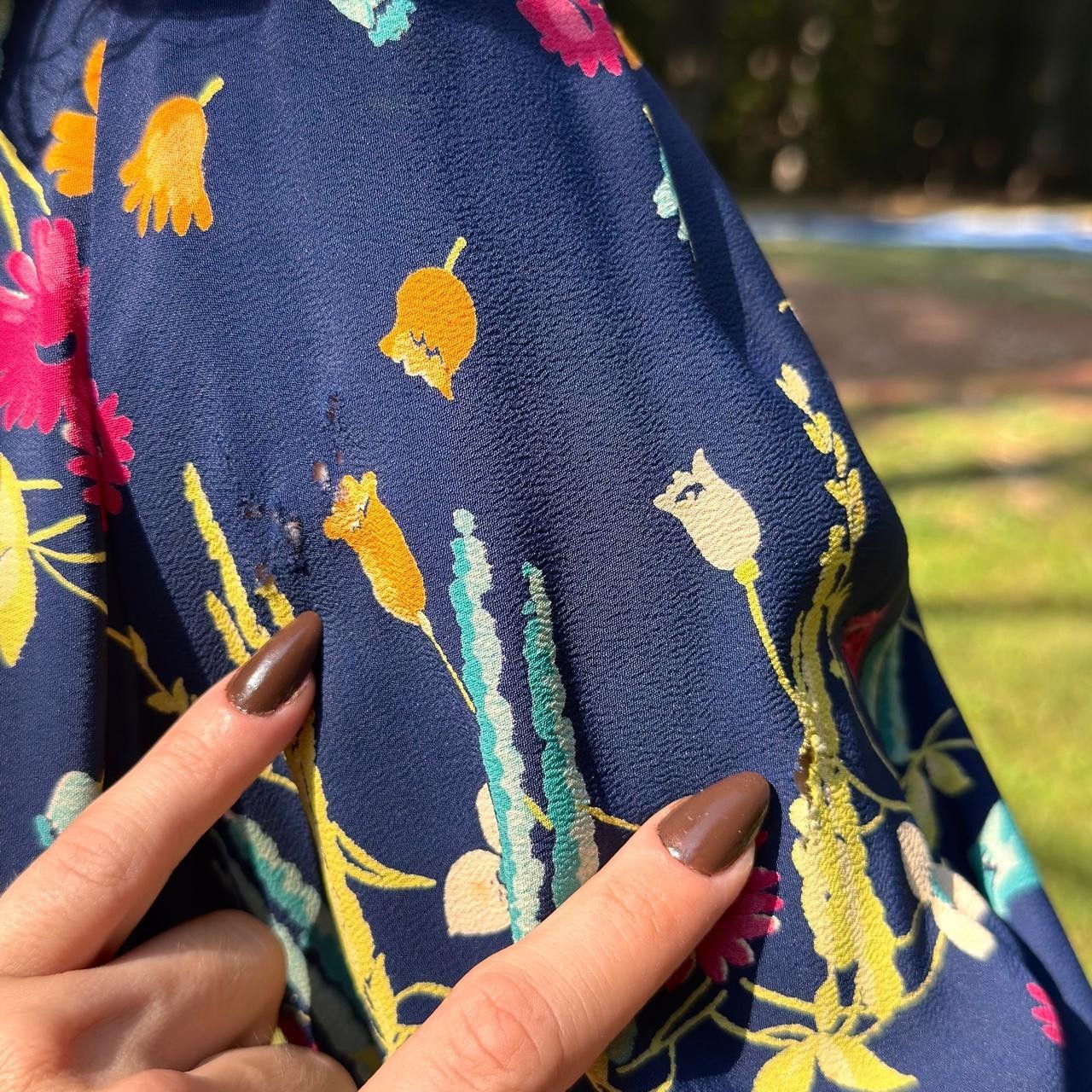 30s navy blue cold rayon crepe dress w/ colorful wildflower talon bell metal zip