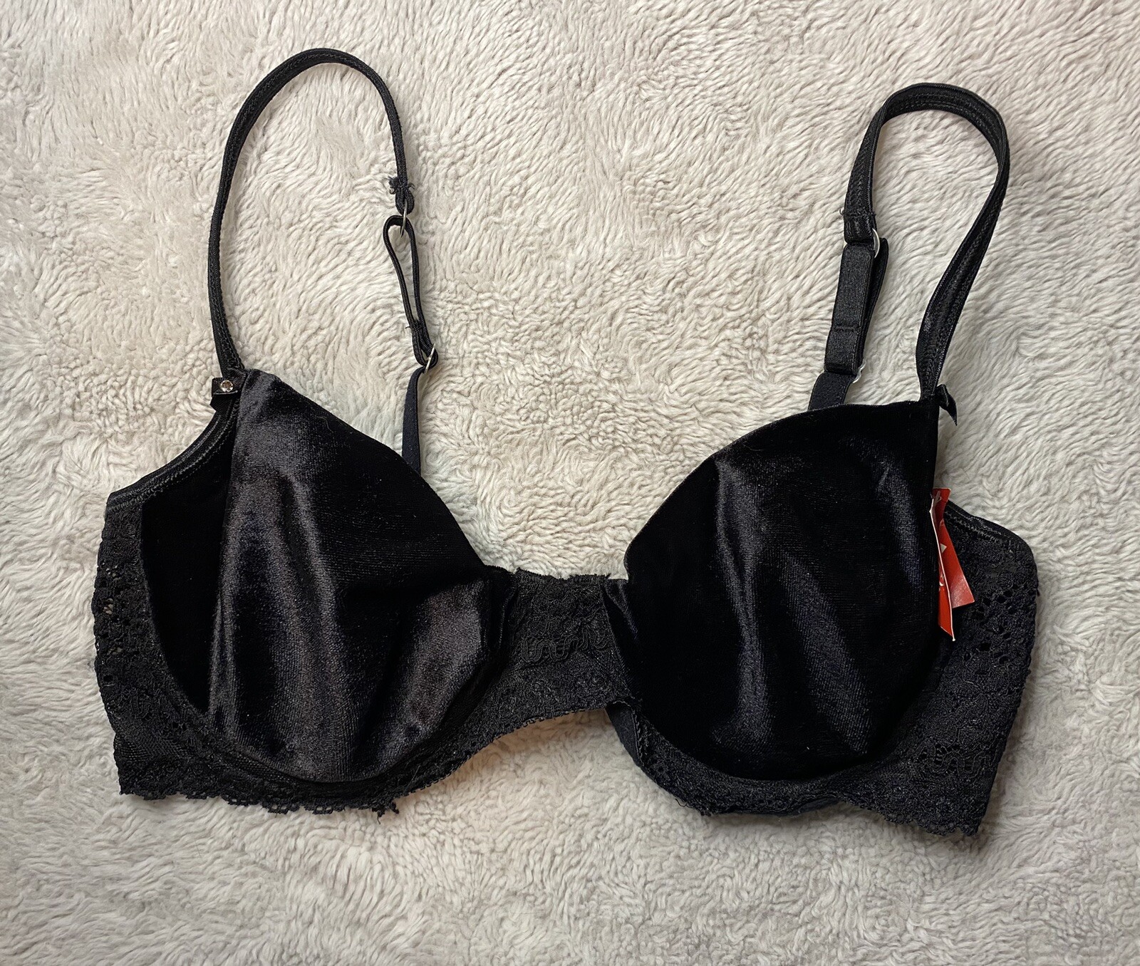 Vintage NWT Olga Black Lace Velvet Bra Bow Rhinestone 38C READ