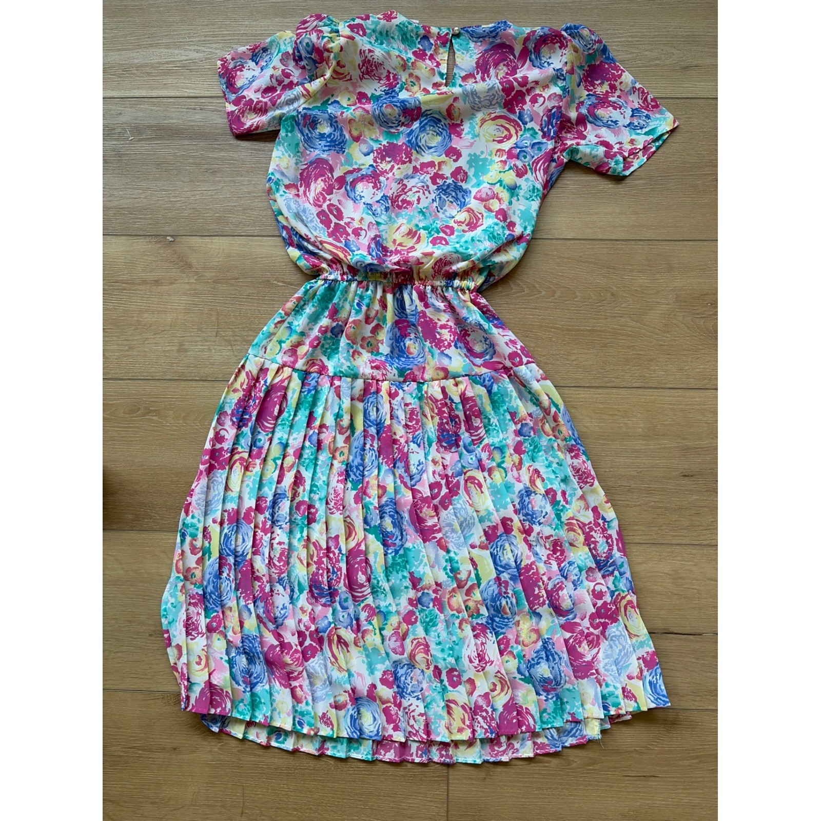 Vintage Miss Oops California Floral Pleated Midi Dress Pink Blue Size 8 80s