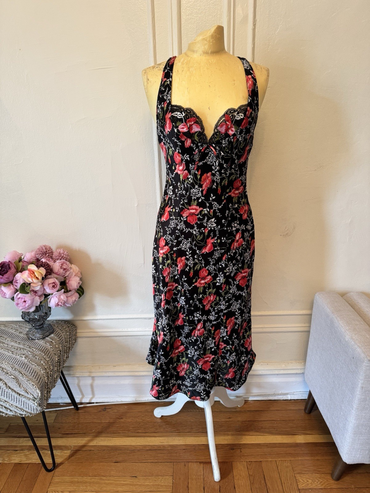 Vintage Josie Floral Black Red Slip with Shirley of Hollywood Lace Nightgown Set