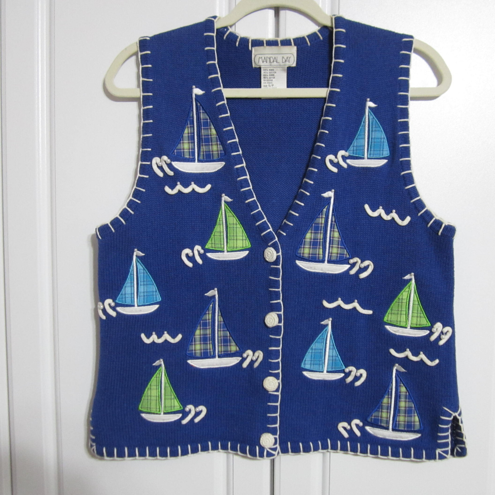 Vintage Mandal Bay Knit Vest Size S/P Blue with Plaid Sailboats & Beaded Detail