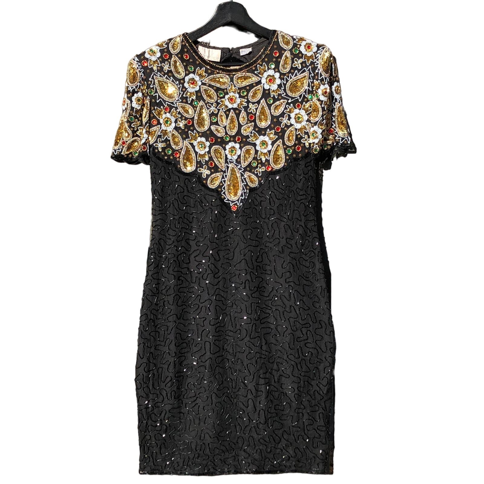 Vintage Fully Beaded Black and Silver Silk Party Dress, 1980s Glamour