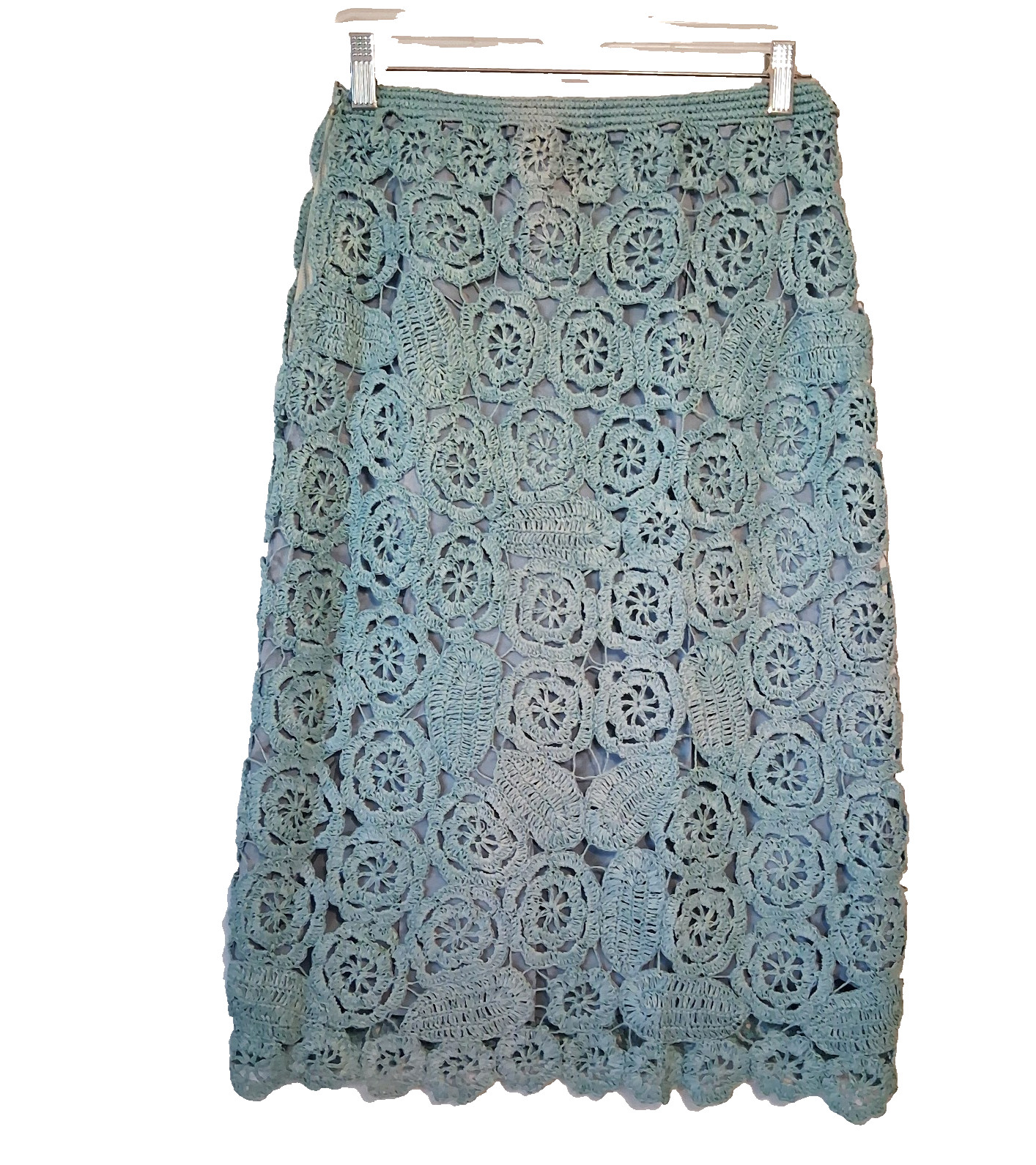 VTG 70s Handmade Crochet Floral Skirt Small 27w Blue 3D Open Knit Hippie Granny