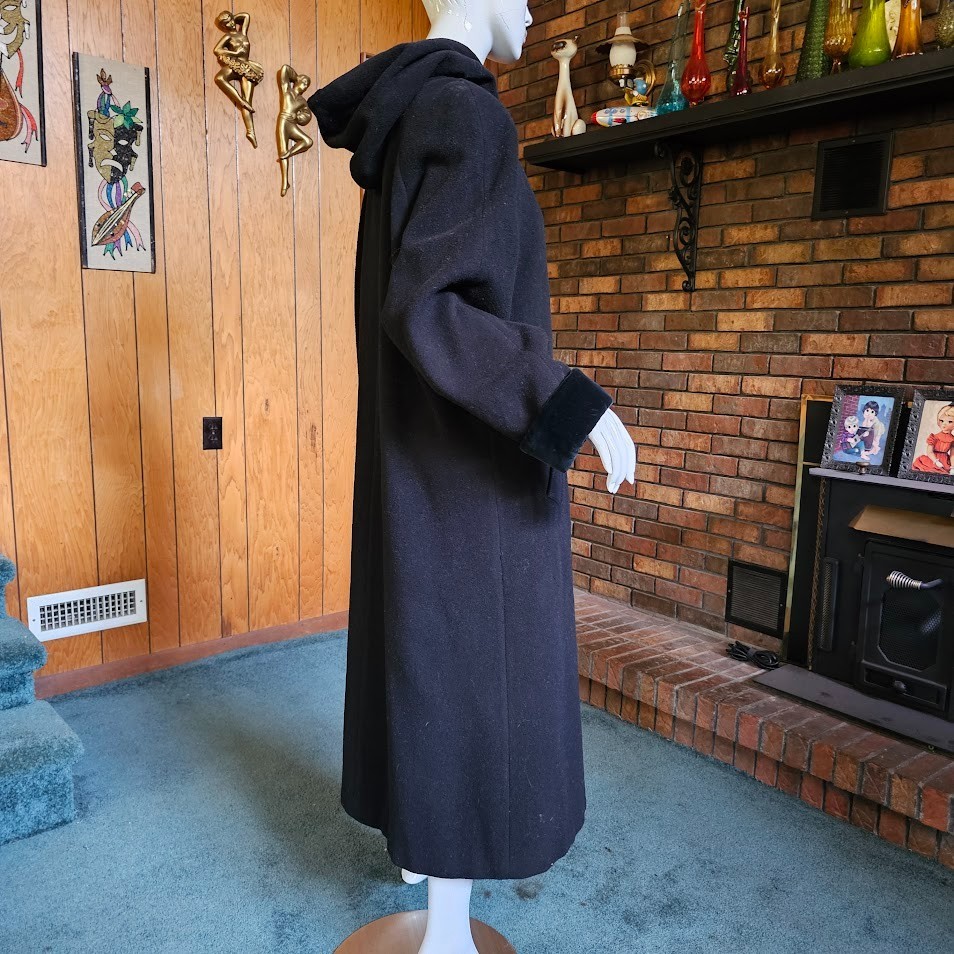 Vtg 80s Little Gothic Riding Hood Black Wool Velvet Full Length Cloak Coat L/XL