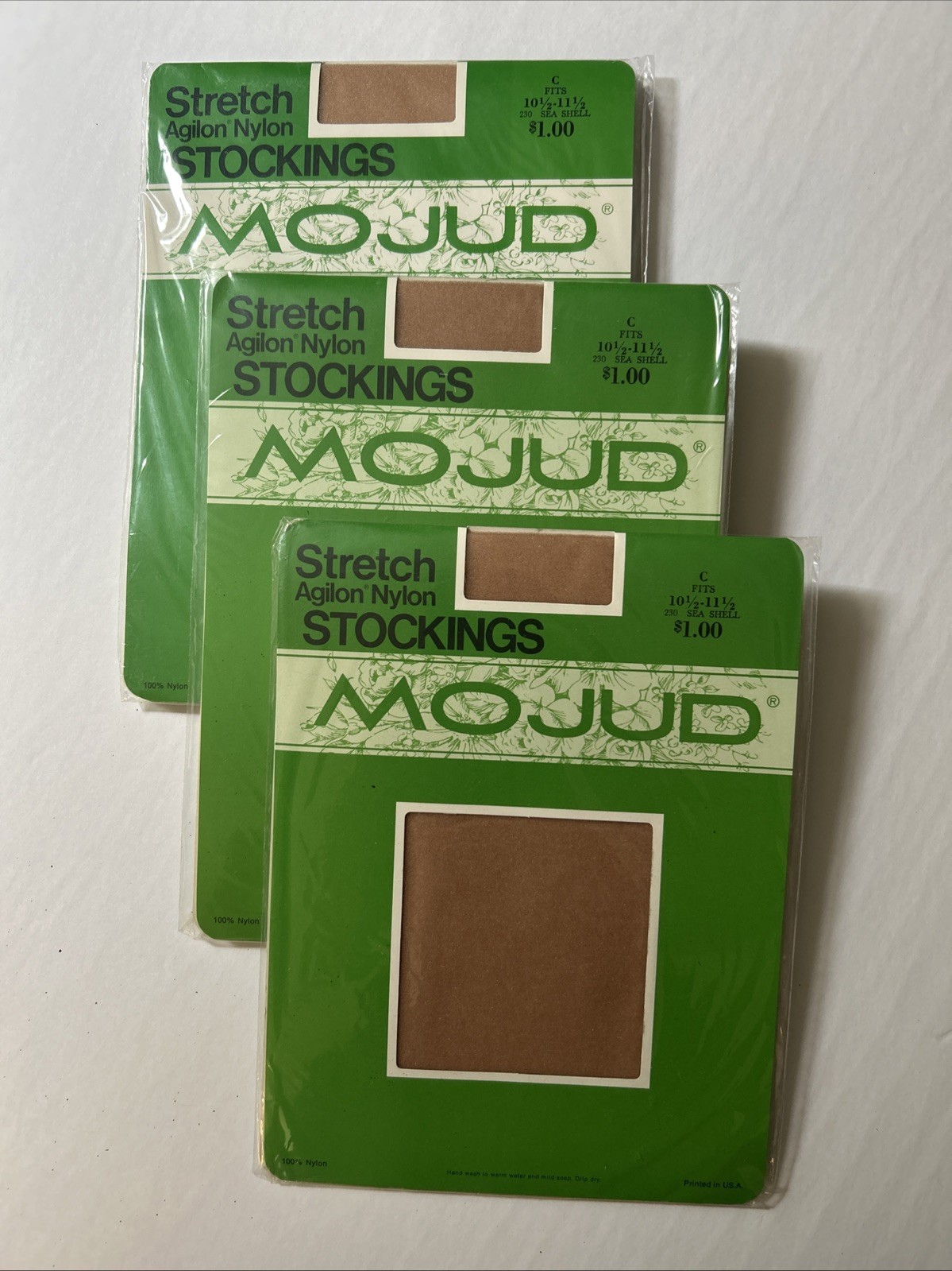 3 Pairs Vtg Mojud Stretch Agilon Nylon Stockings Sea Shell Size C Unopened