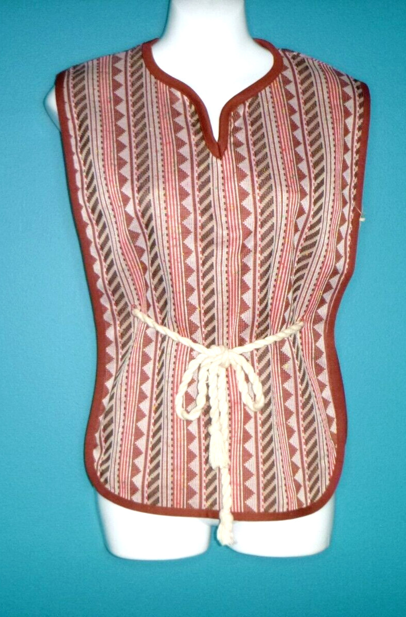 NWT Vtg 70s Adriana Poly Knit Open Side Vest Tribal Print Cord Belt One Size