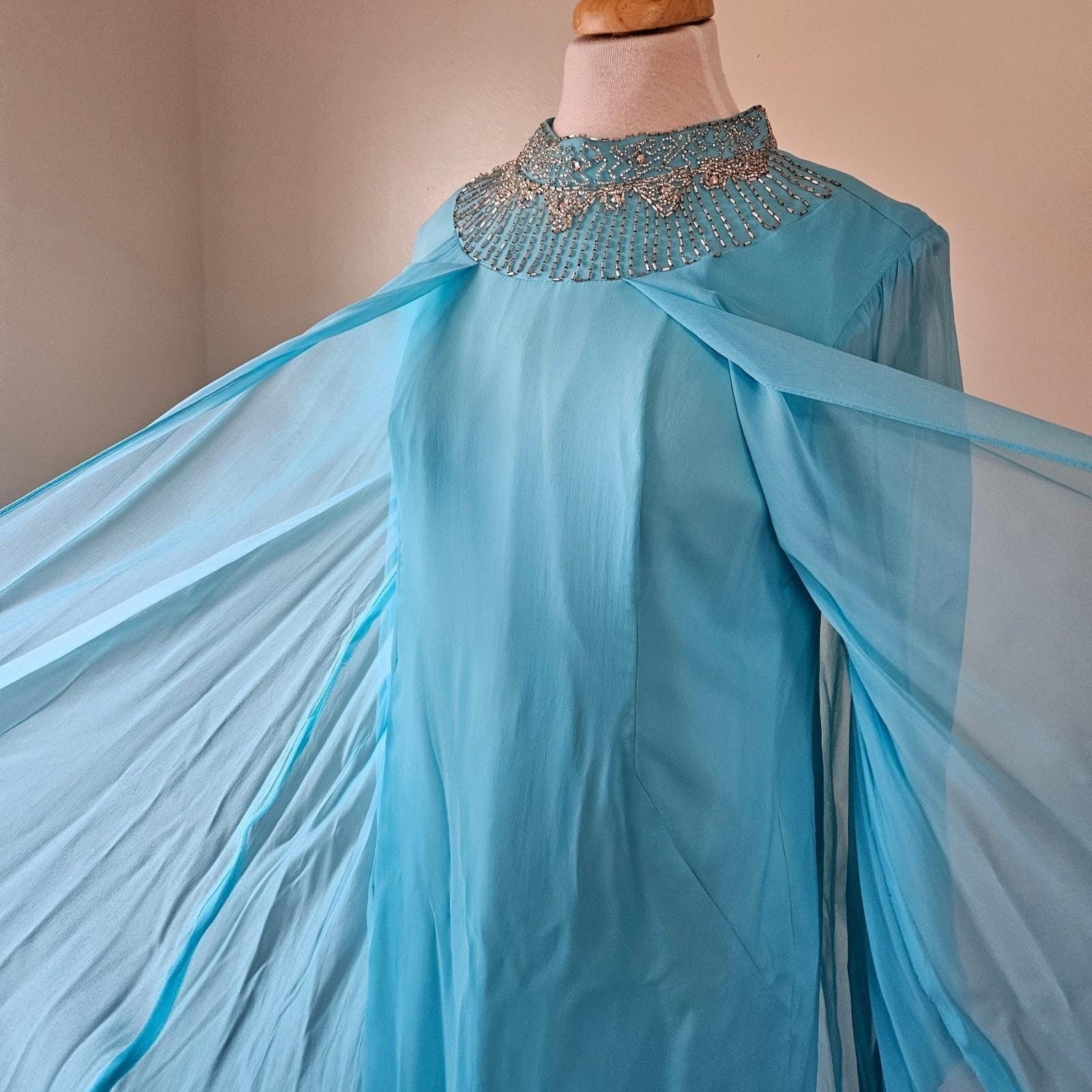 Vintage 70s Blue Disco Diva Stage Chiffon Sheer Overlay Maxi Dress Gown Beaded M