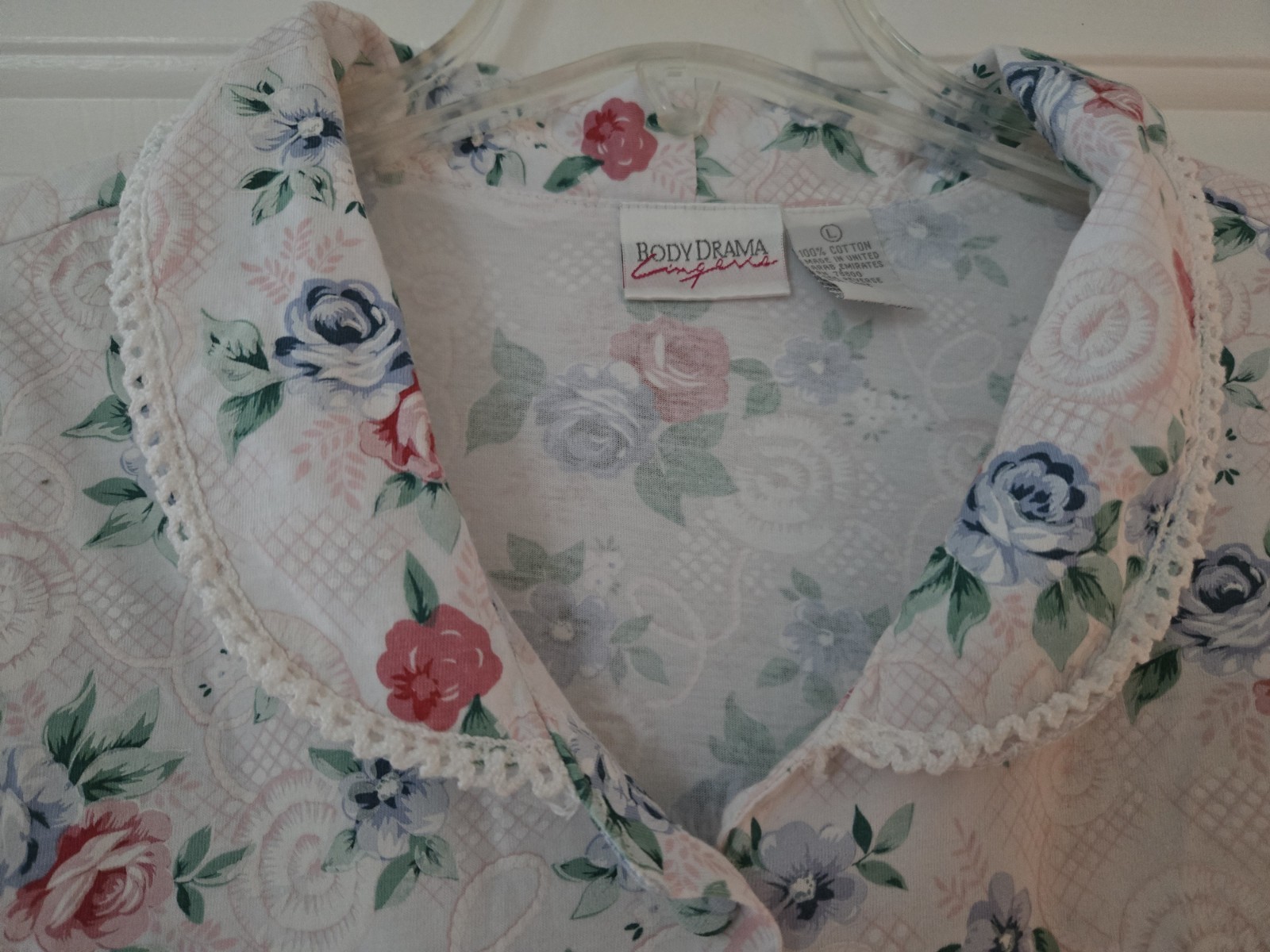 Body Drama Lingerie Pink Blue Roses Granny Gown VTG 90’s 100% Cotton L