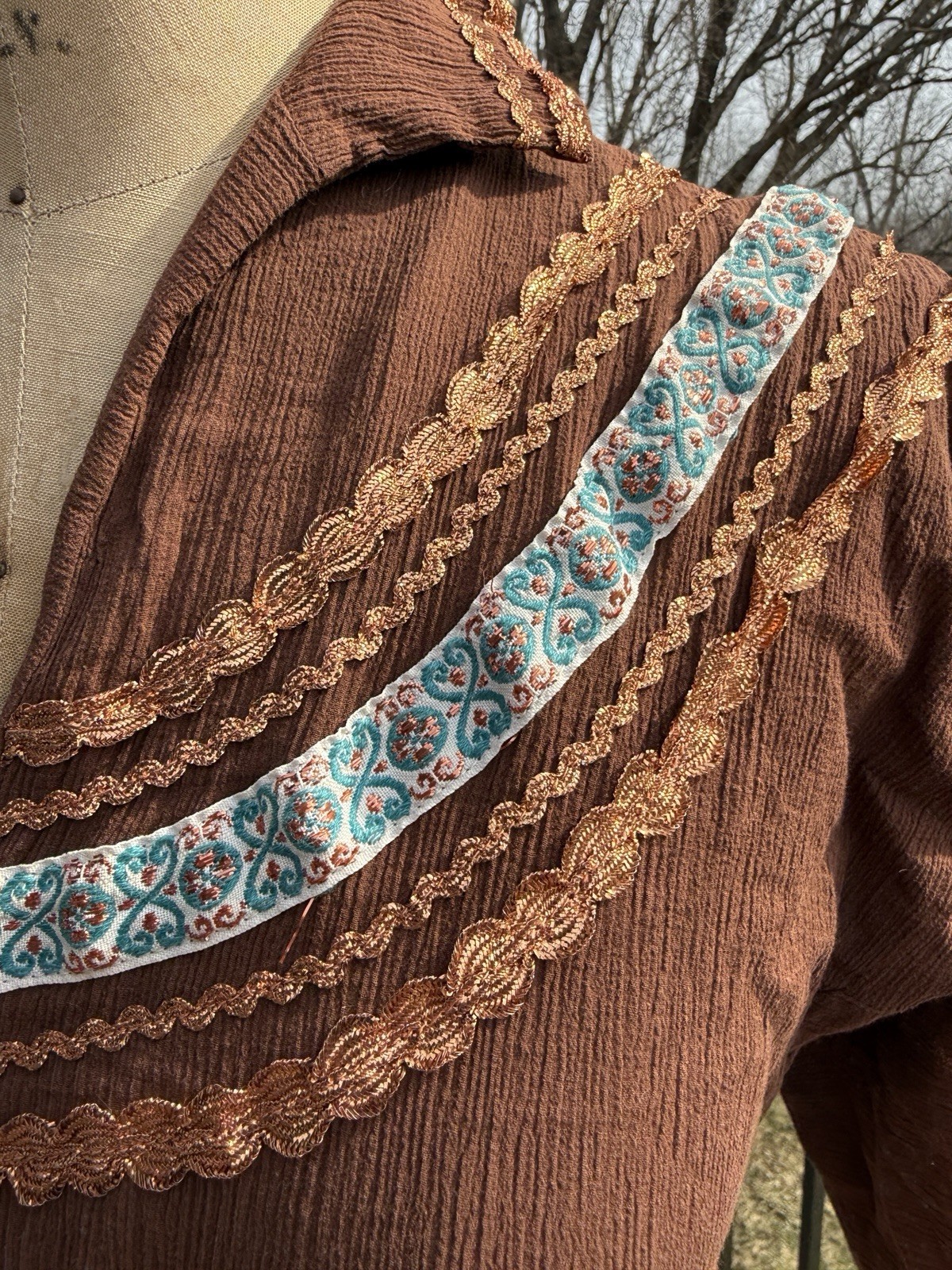 Vintage Faye Creations Patio Fashions Arizona Brown Dress Copper / Blue Trims