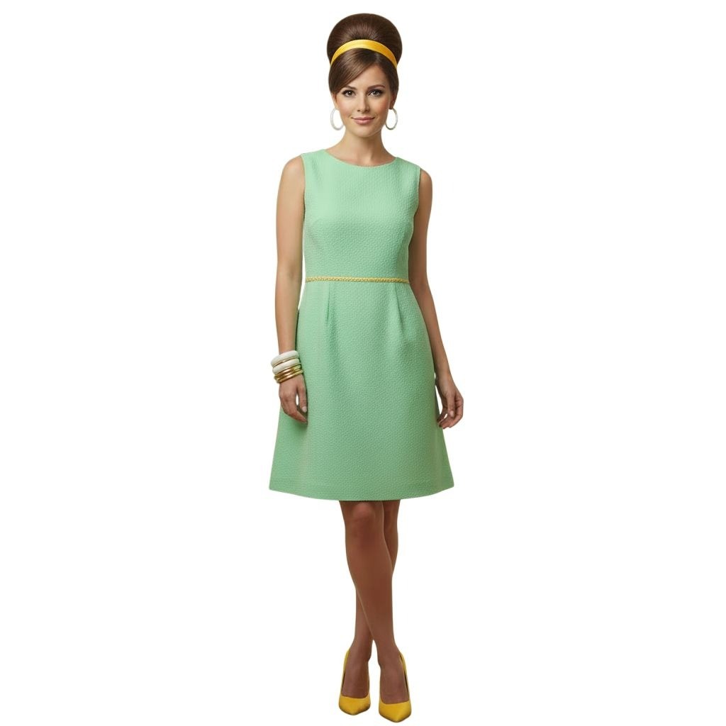 Vintage 1960s 1970s Handmade Green A-Line Dress Sleeveless Textured Fabric