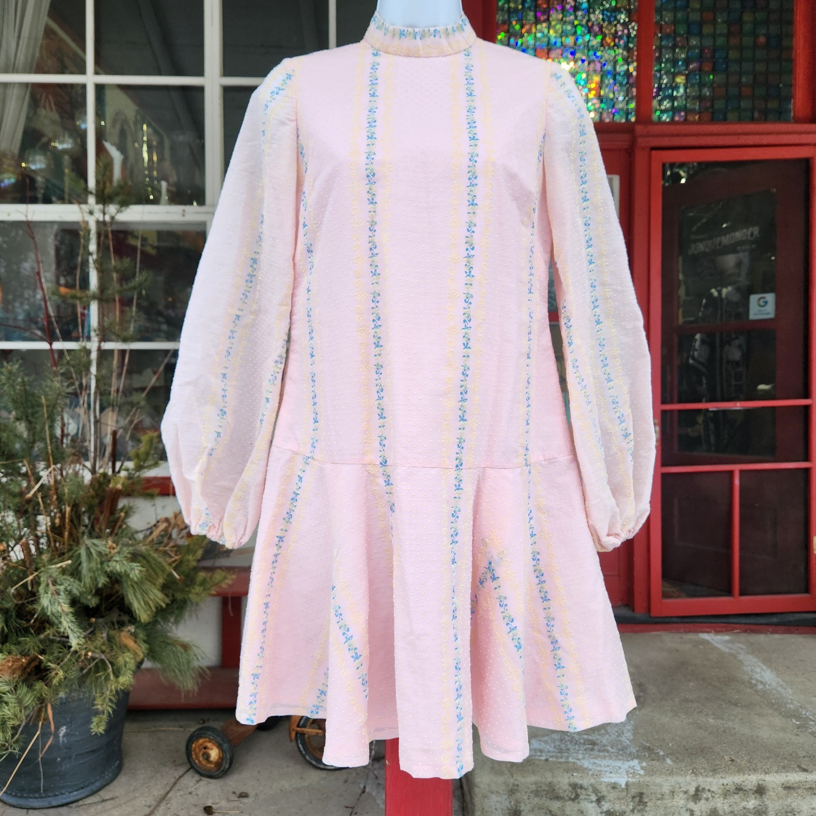 Vintage handmade Pink cotton blue accented Dress