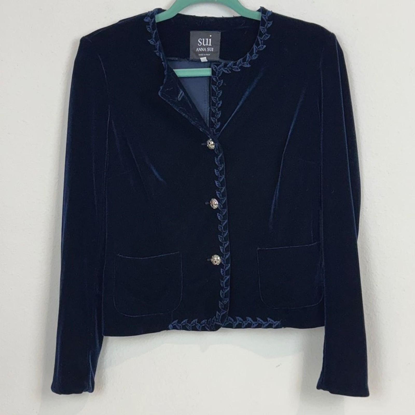 Vintage Anna Sui Embroidered Blue Velvet Blazer 38/S *Missing Button