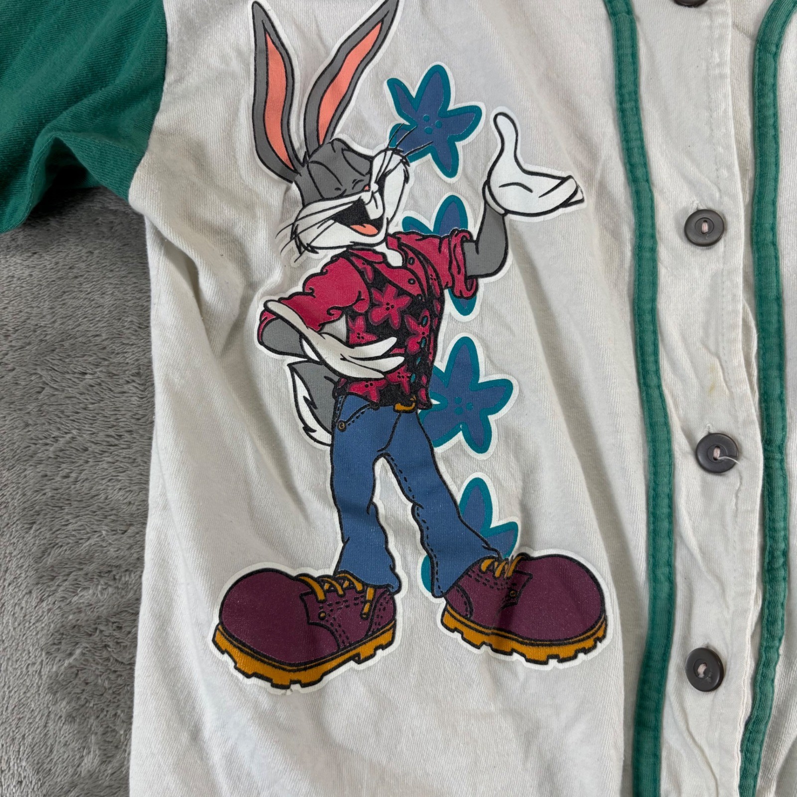 VTG Sun Sportswear Bugs Bunny Baseball Jersey Women Medium White Green 1994 90s