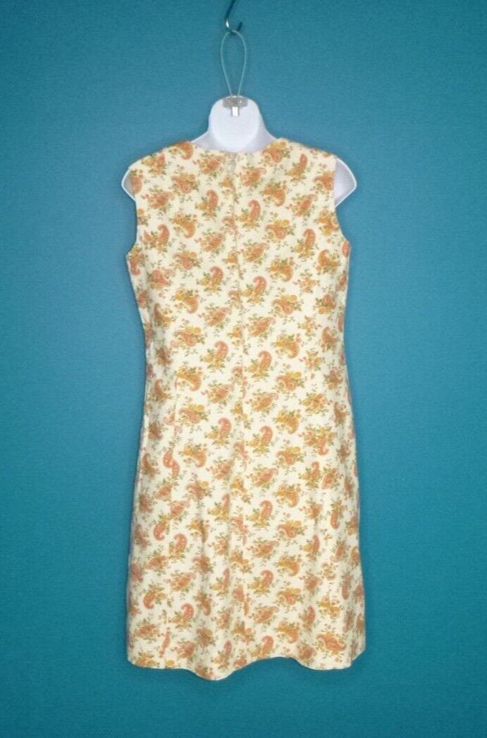 Vtg 60s Heavy Cotton Shift Dress Orange GOld Flowers & Paisleys Sz M/L