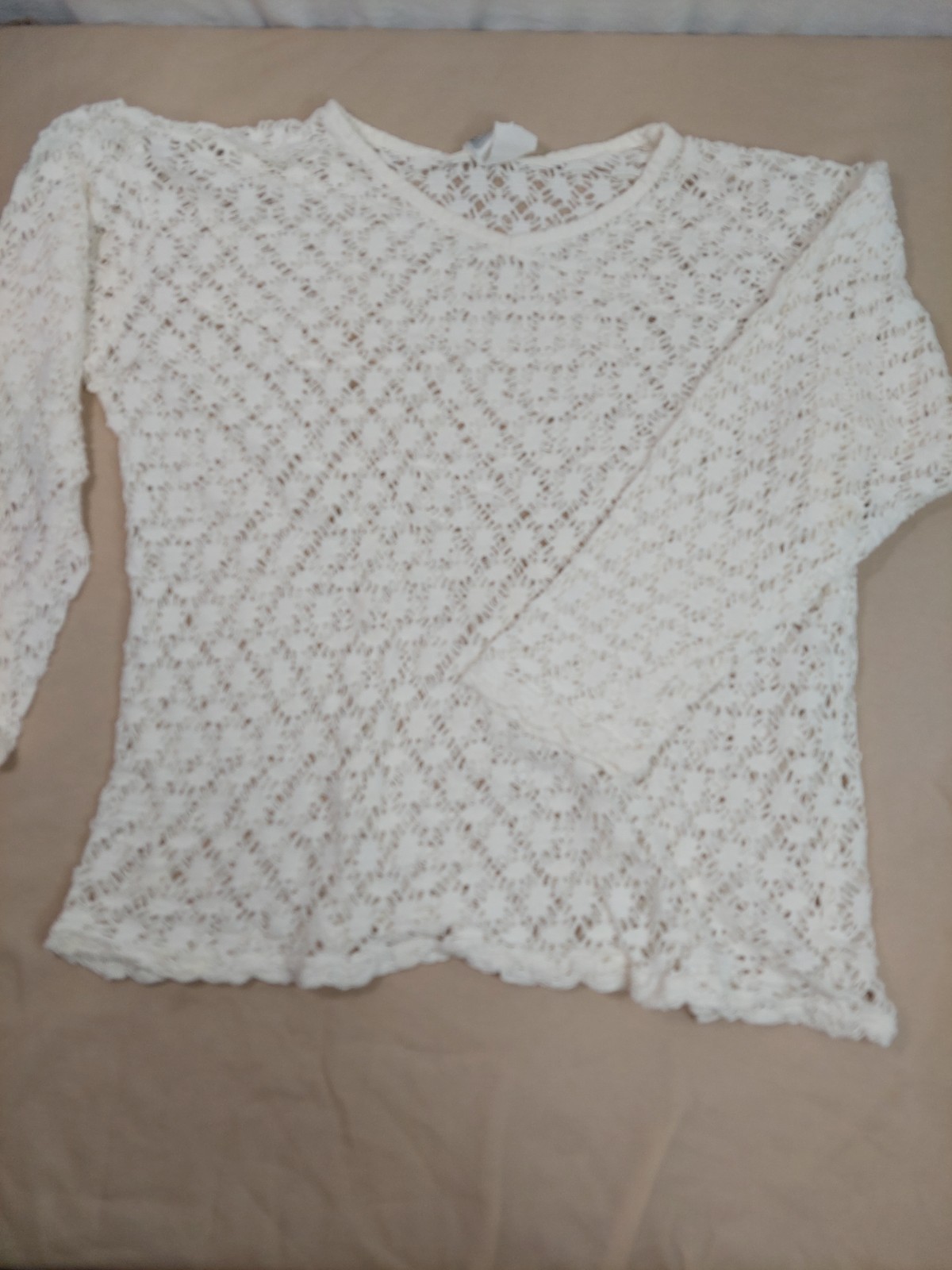 Vintage White Crochet Lace Top Women M L USA Made 100% Cotton Sheer Coquette Tee