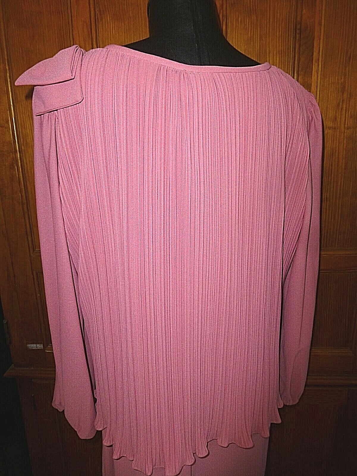 VTG 70s Micro Pleat Mauve Rose BOW Boho Cocktail Wedding Guest DRESS L XL