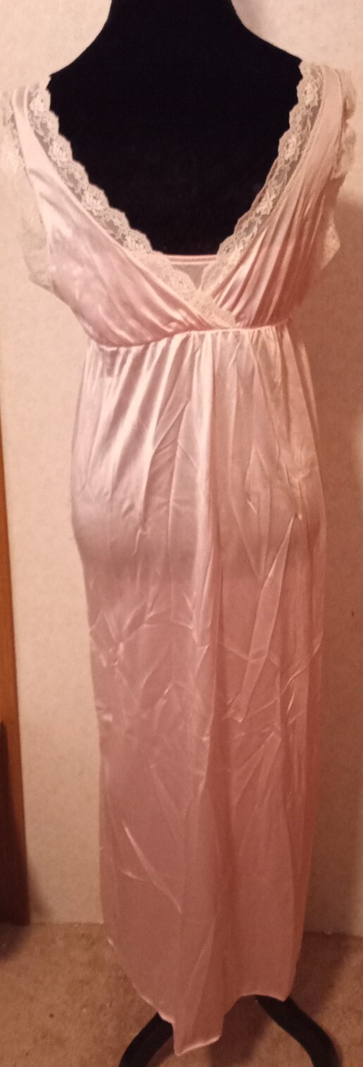 2 Vintage FANCY ME Sz S Pink Nylon Sheer Cream Lace Long Nightgown Slip Dress