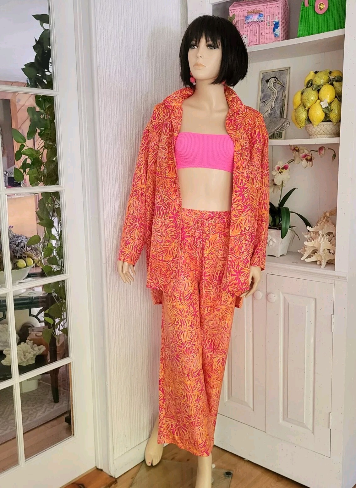 Vintage Lilly Pulitzer Silk 2 Peice Blouse and Pants Set White Label Size M/L