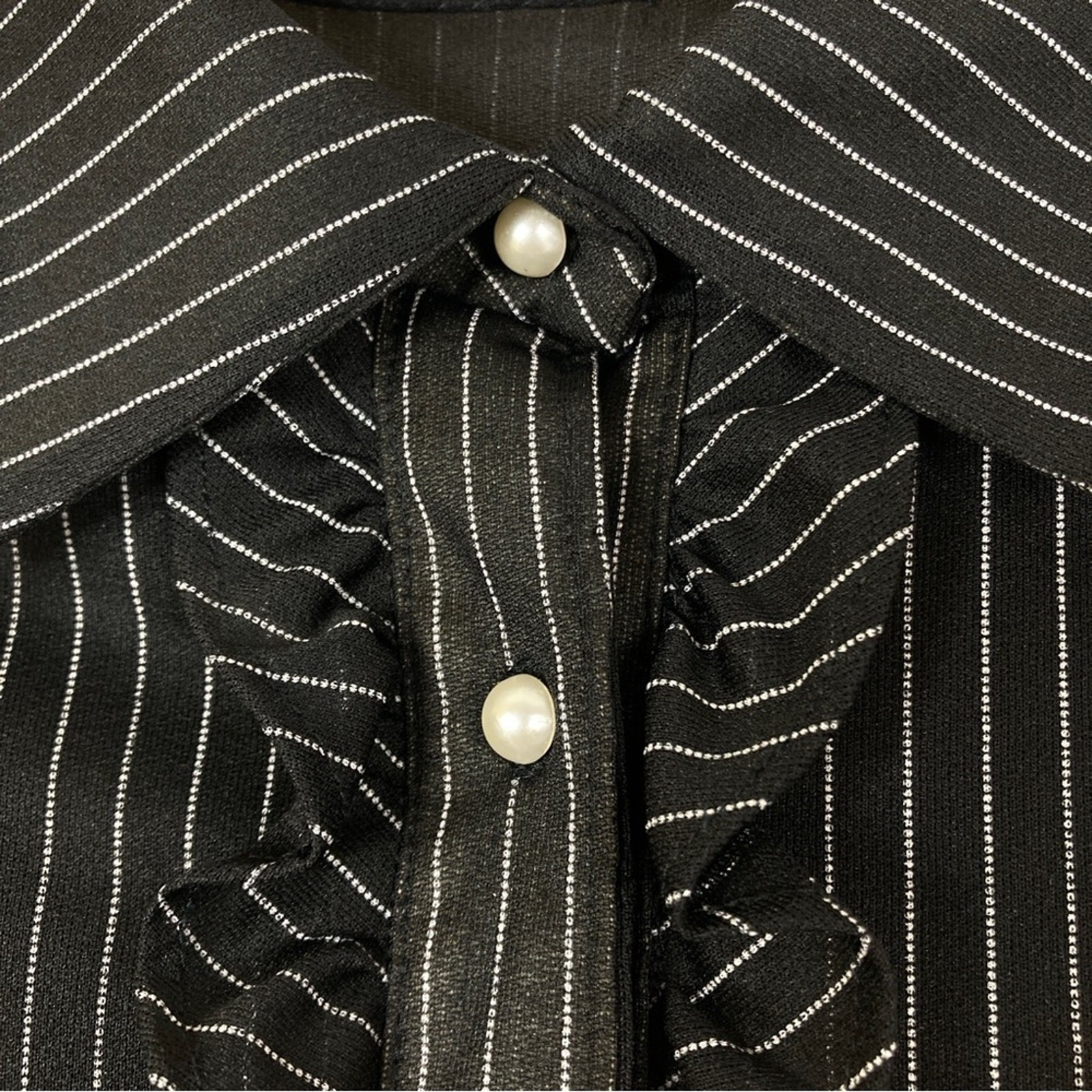 Vintage Black White Pinstripe Ruffle Button Down Mid Length Dress SHEER Medium?