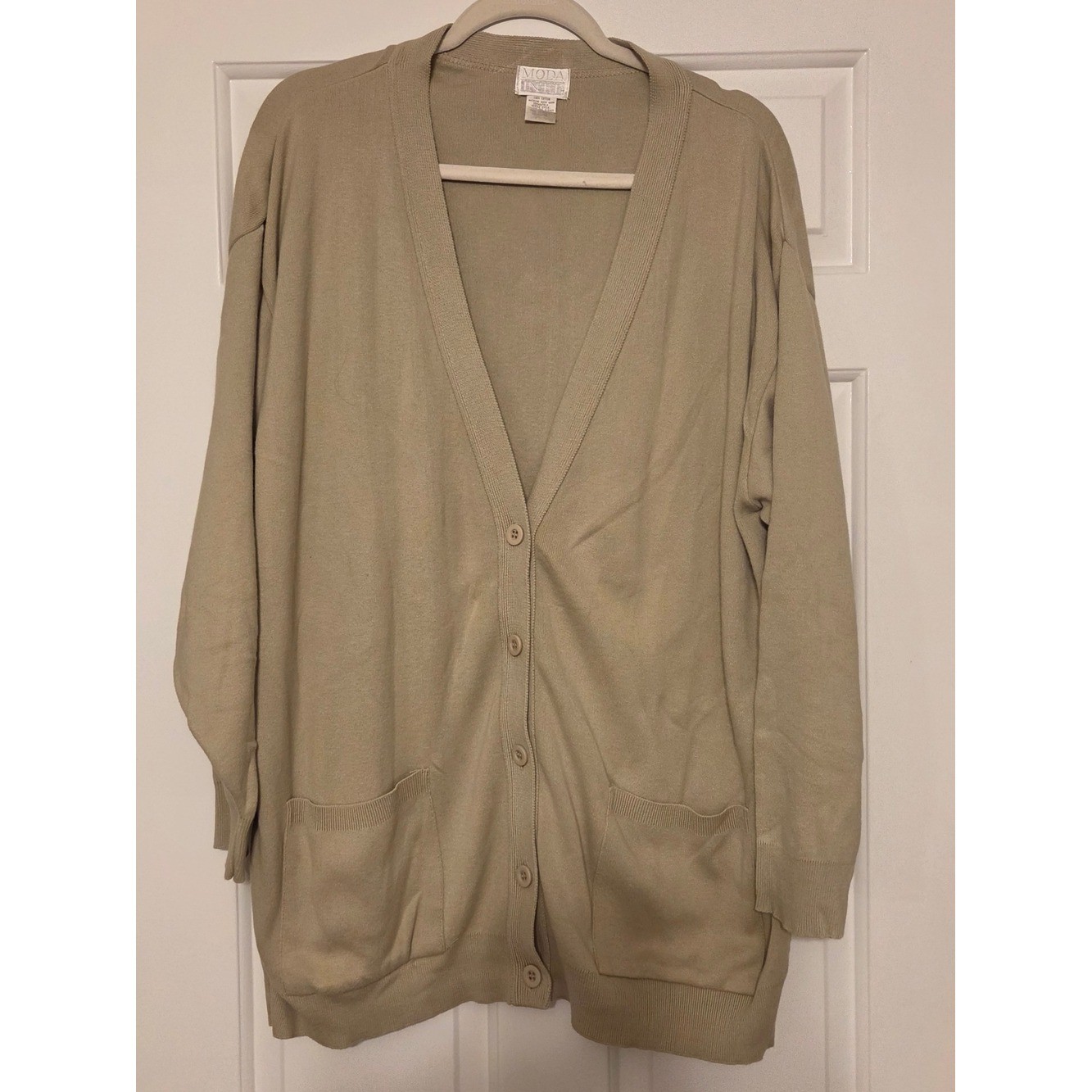 VTG 90’S Moda Int’l Oversized 100% Cotton Beige V-Neck Cardigan – Womens Medium