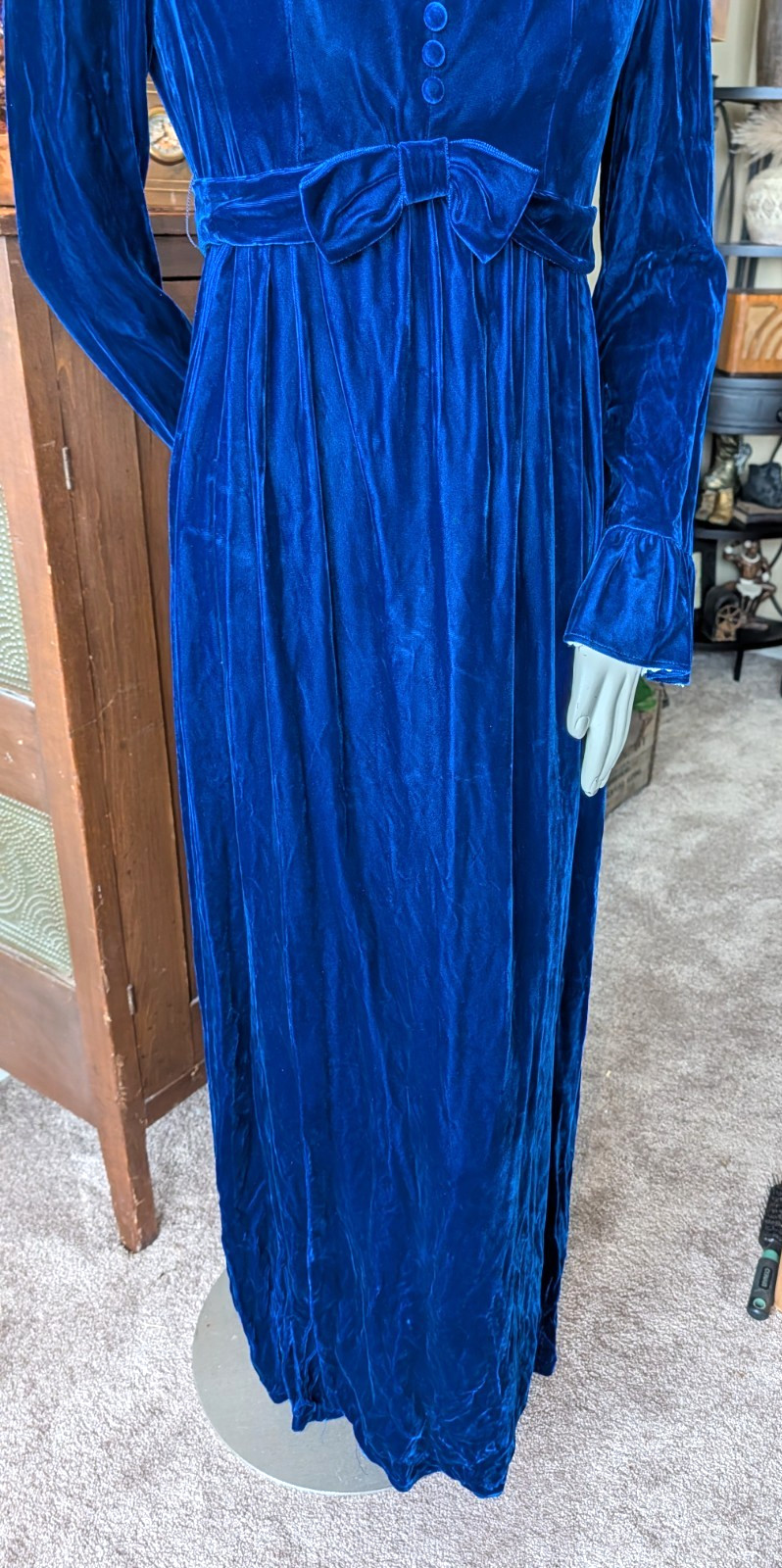 Vtg 13/14 Lorrie & Deb crushed velvet midnight blue Maxi Dress Prairie 60s 70s