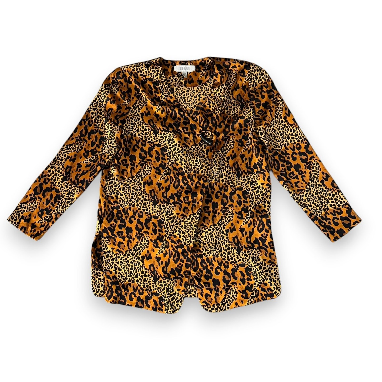 Vintage I Magnin Silk Leopard Print Blouse, Size 8 Korea Hidden Button Top