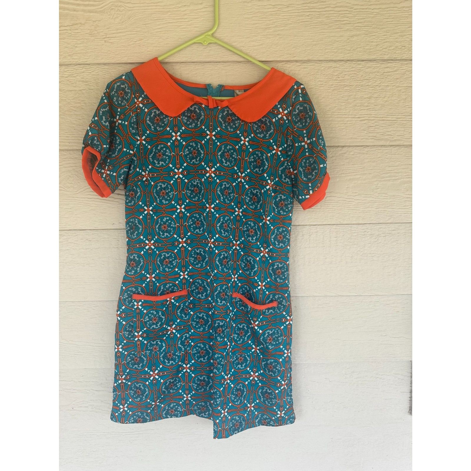 Mono B Retro Mod Geometric Peter Pan Collar Mini Shift Dress Teal Orange – M
