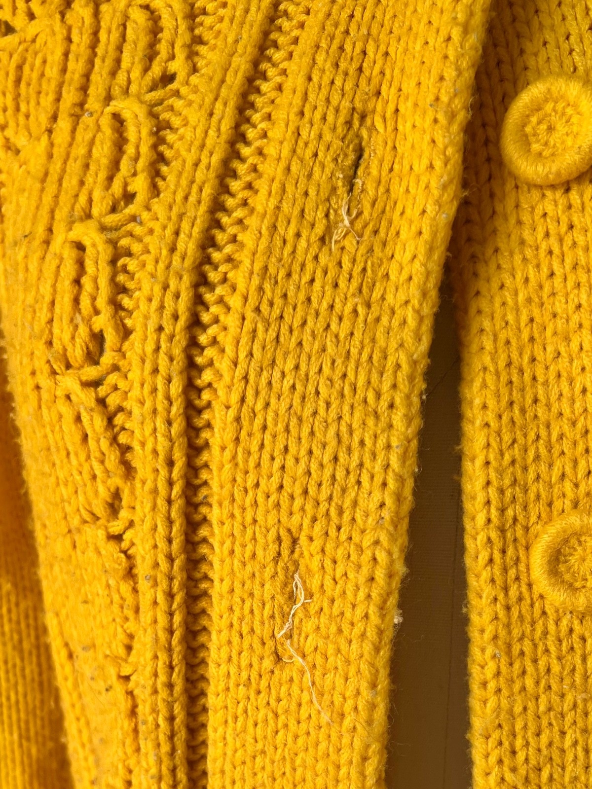 Vintage Hand Knit Mustard Yellow Button Up Sweater Chunky Cardigan