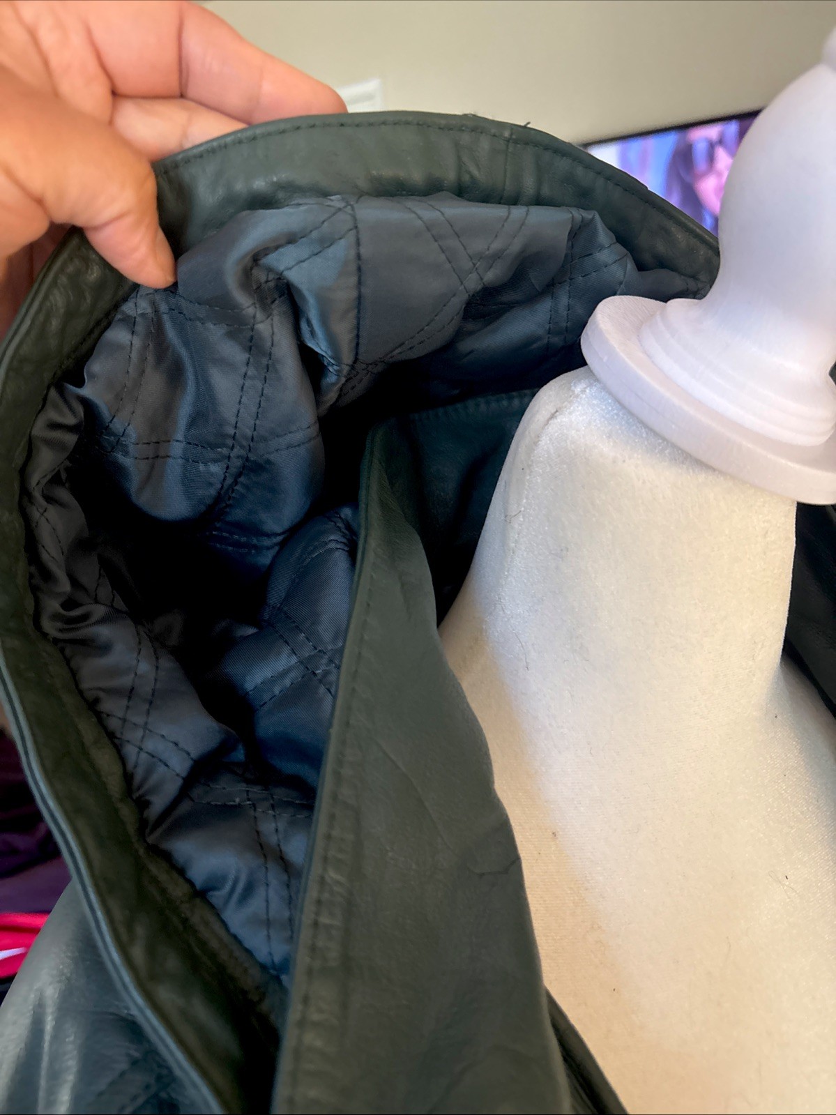 Vtg Green Leather Coat Quilted Liner Removable Hood High Collar J. Ferrar M