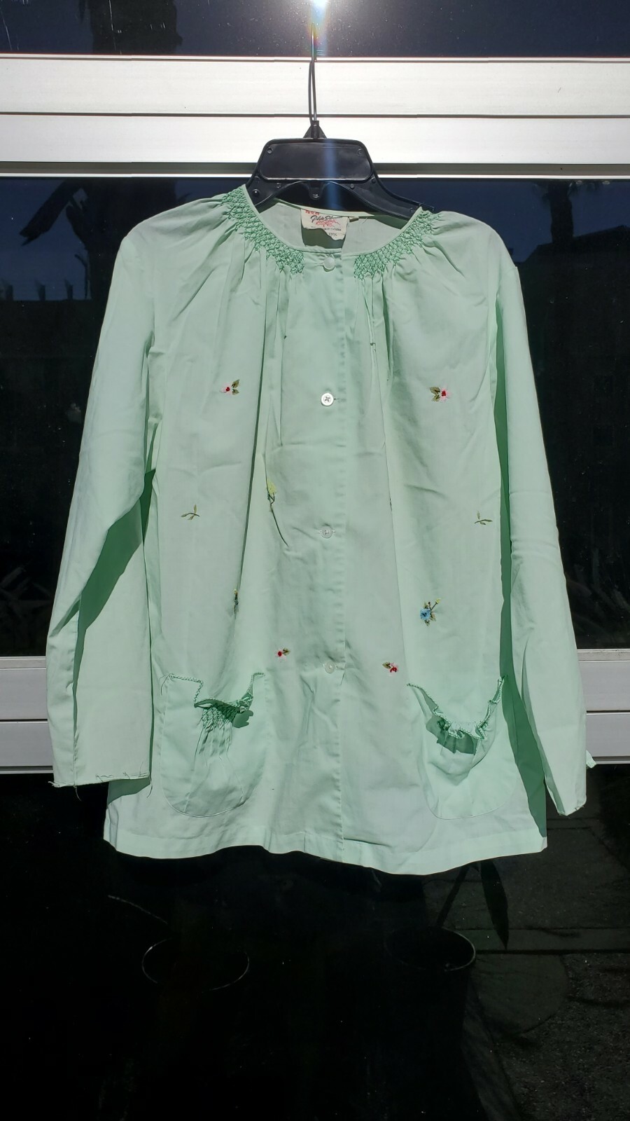 Vintage 50s Embroidered Top Plum Blossoms 38 Mint Green Hippie Smocking Boho 60s
