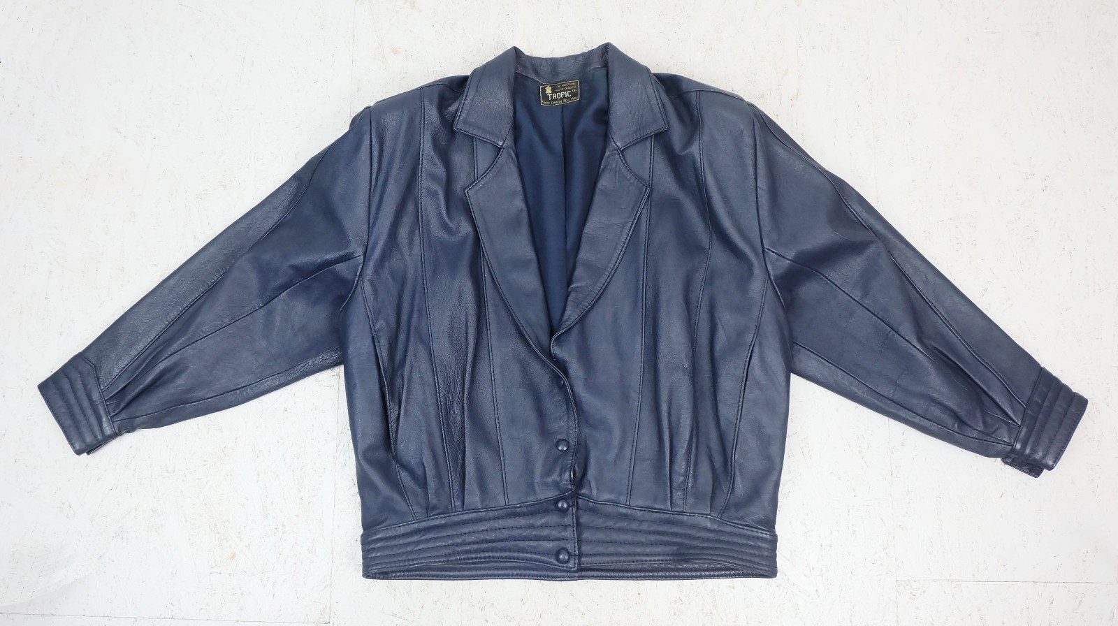 80s true vintage LEATHER JACKET blue oversized cut wide sleeves size S/M
