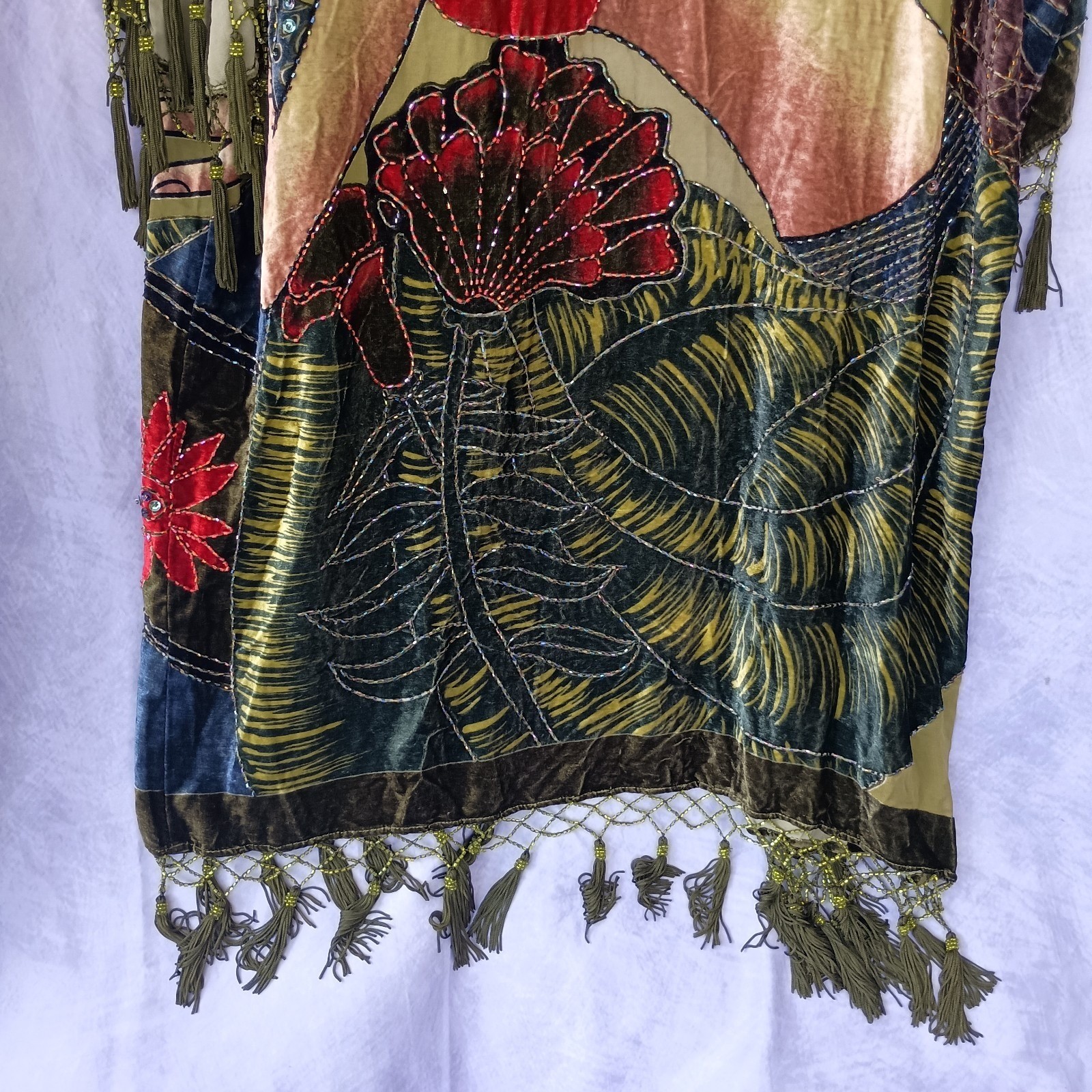 Chico’s Vintage Olive Silk Velvet Burnout Tassel Beaded Kimono