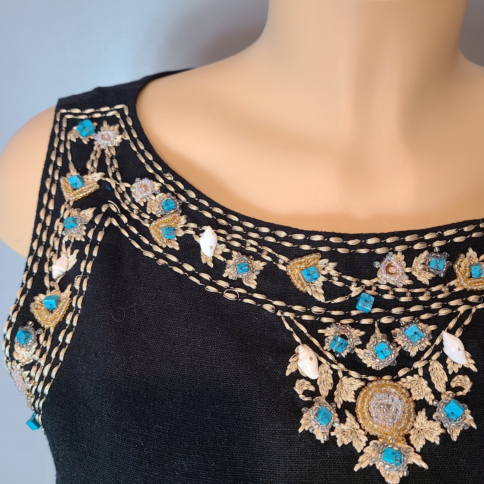 VTG Jessica Howard Dress Sz 8 Linen Seashell Embroidered Nautical Resort Cruise