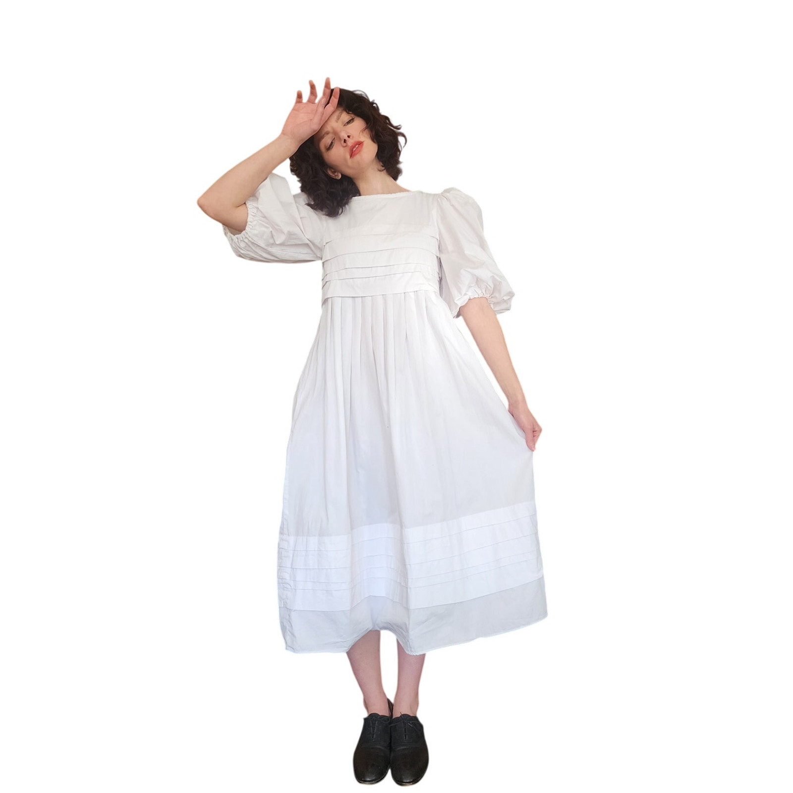 VTG 80s Barboglio White Dress Neiman Marcus Cotton Puff Sleeve Prairie Peasant
