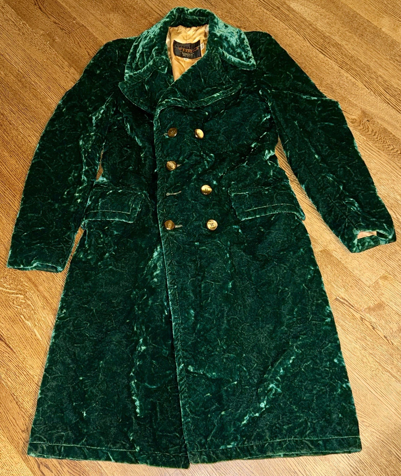 Green Crushed Velvet 70s Double Breasted Vintage Coat By VIBES by CAMPUS