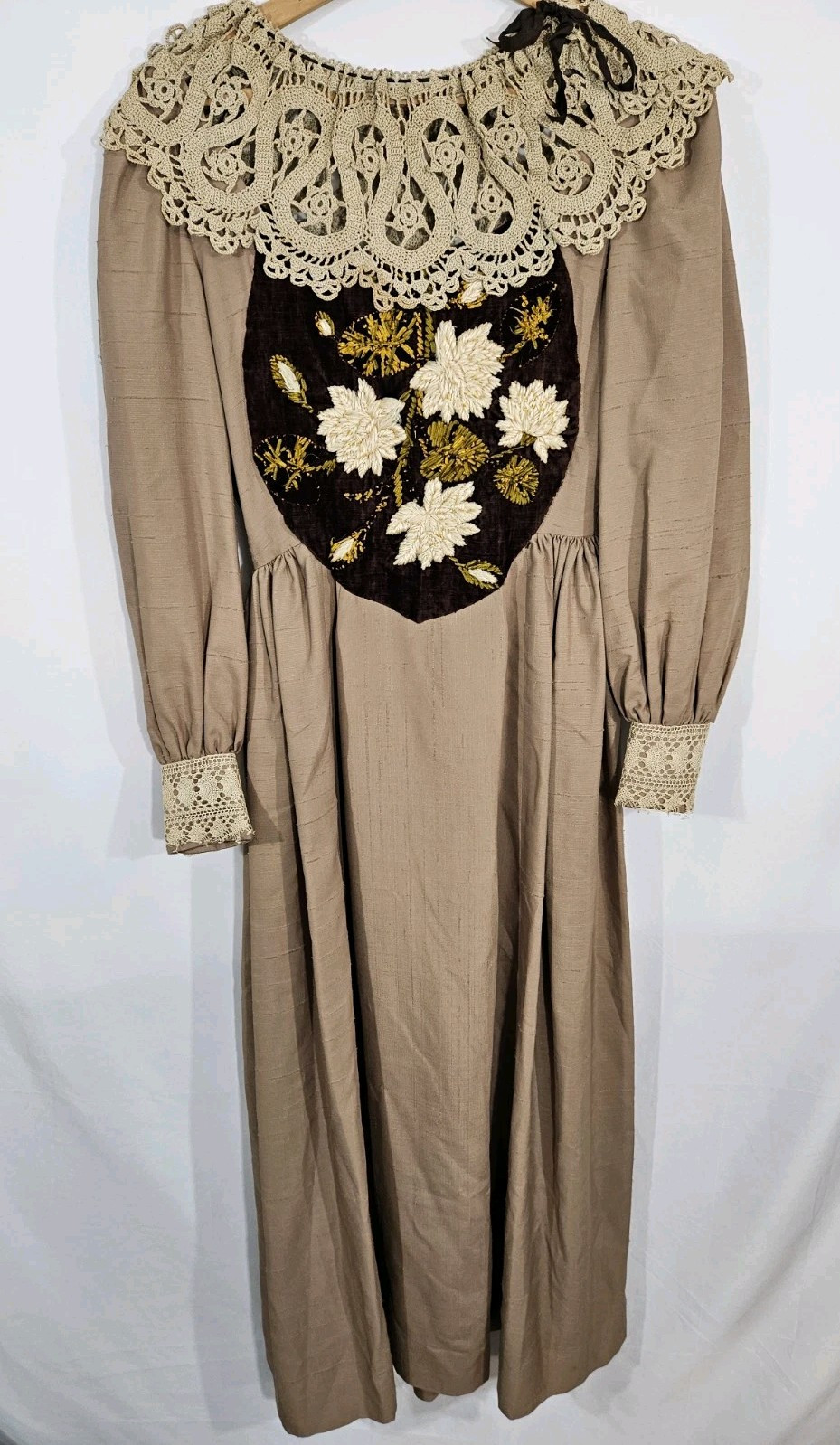 Vintage handmade crochet Lace embroidered dress reenactment theater Renaissance
