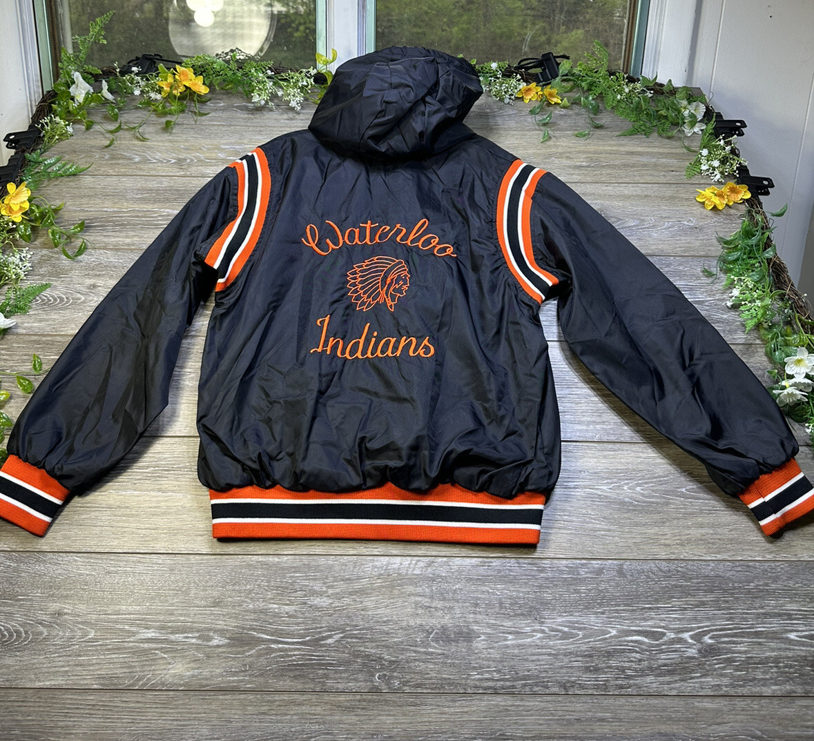 Waterloo Indians High School Satin Varsity Jacket Hooded Medium Vintage USA Made