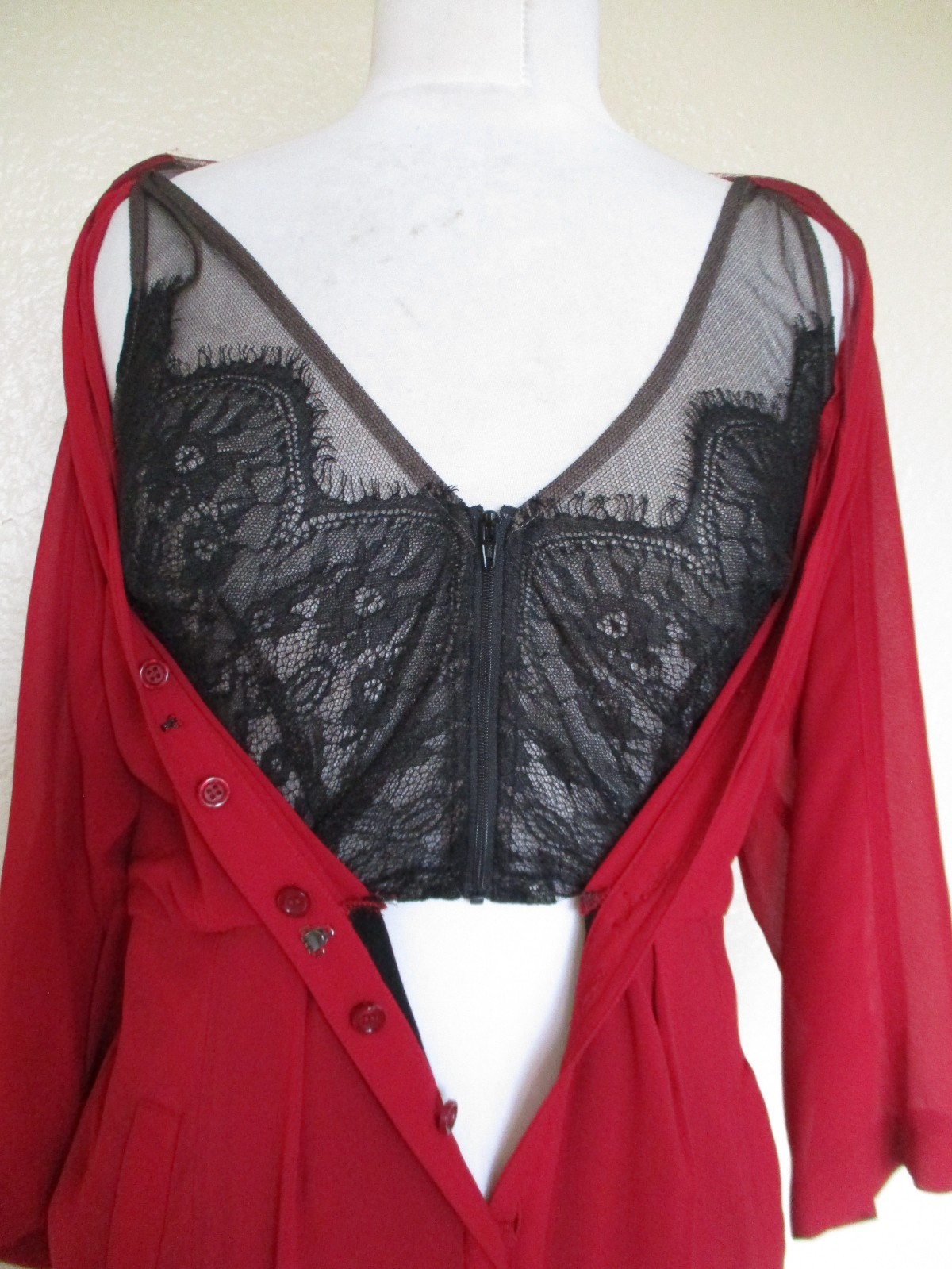 Vtg 30s Style Handmade Dress Womens S/M Red Chiffon Lace Cami Mesh Inset